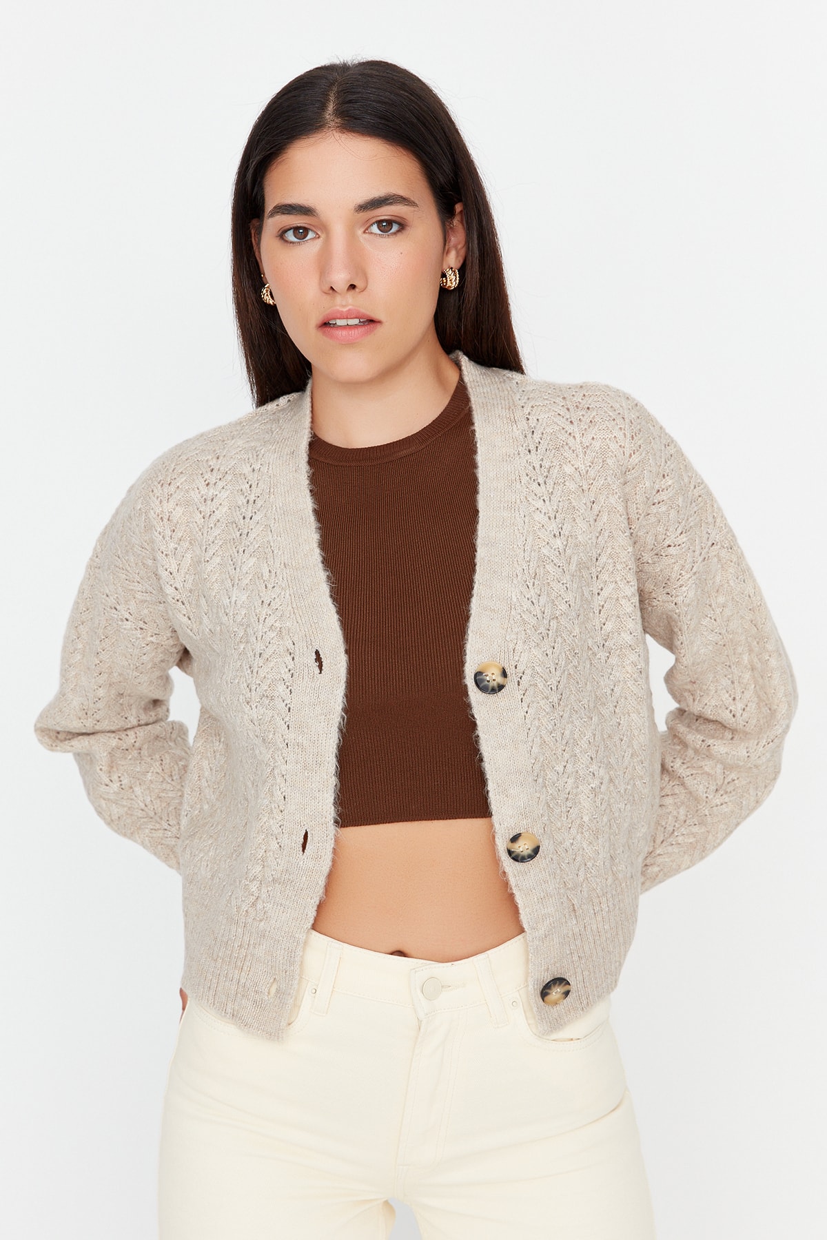 Trendyol Stone Knit Detailed Knitwear Cardigan