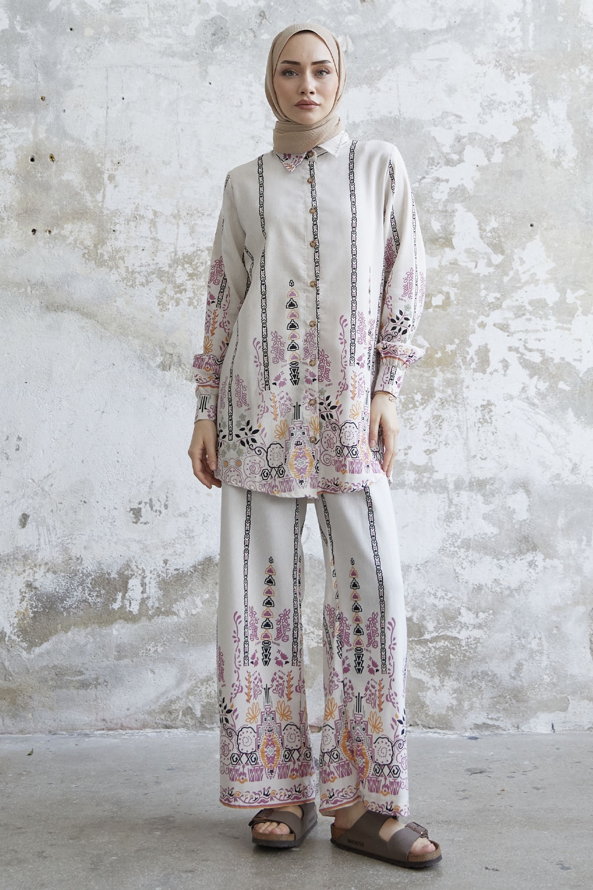 InStyle Patterned Linen Double Suit - Pink