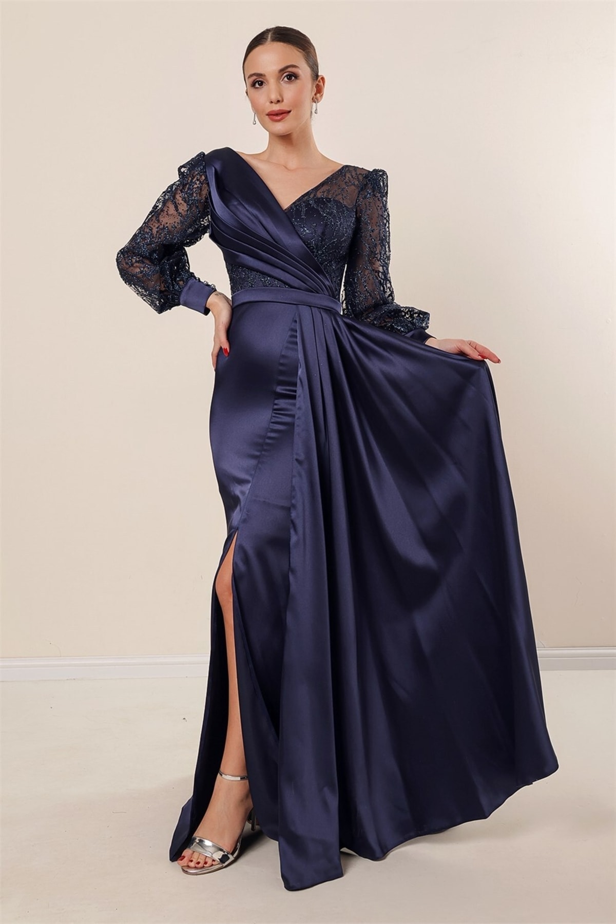 Levně By Saygı Navy Blue Double Breasted Collar Sleeve Tulle Glitter Embroidered Front Pleated Lined Long Satin Dress