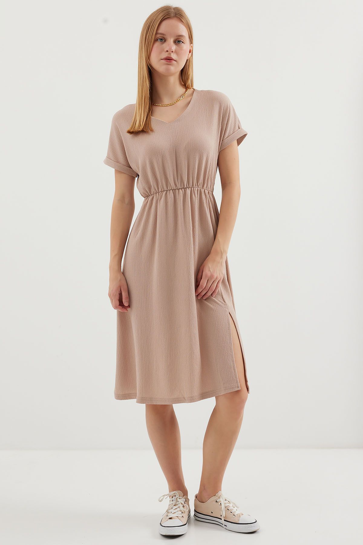 Bigdart 2378 V Neck Slit Knitted Dress - Biscuit