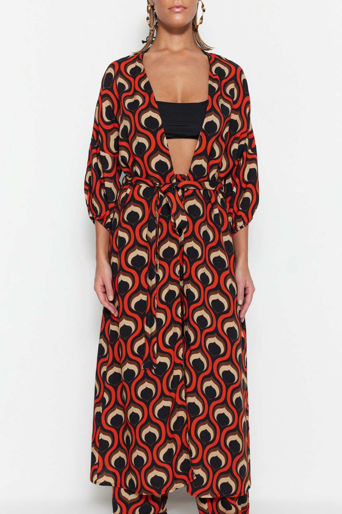 Trendyol Geometric Patterned Belted Maxi Woven Balloon Sleeve Kimono &amp; Kaftan