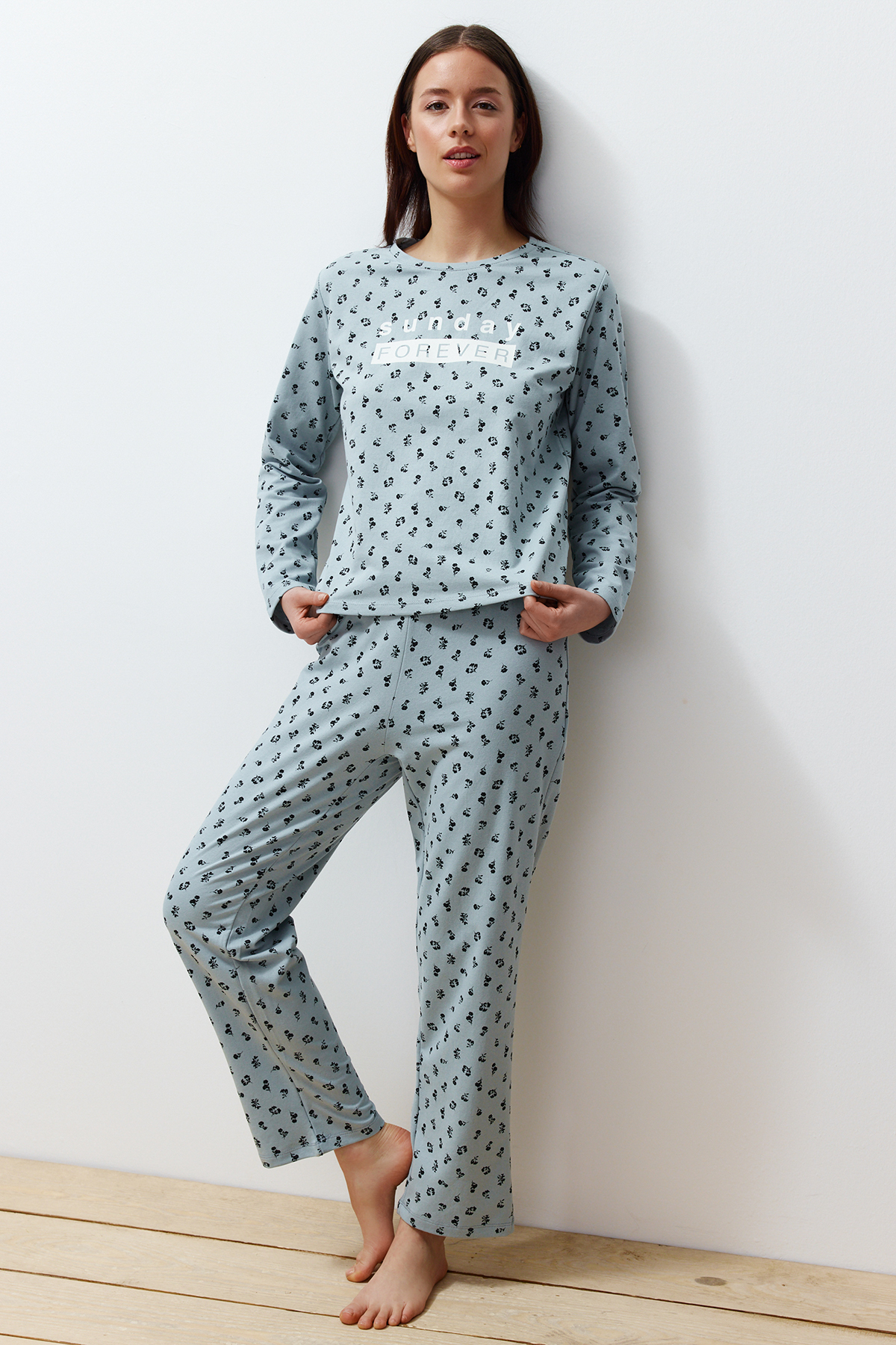Trendyol Green Cotton Floral Knitted Pajamas Set