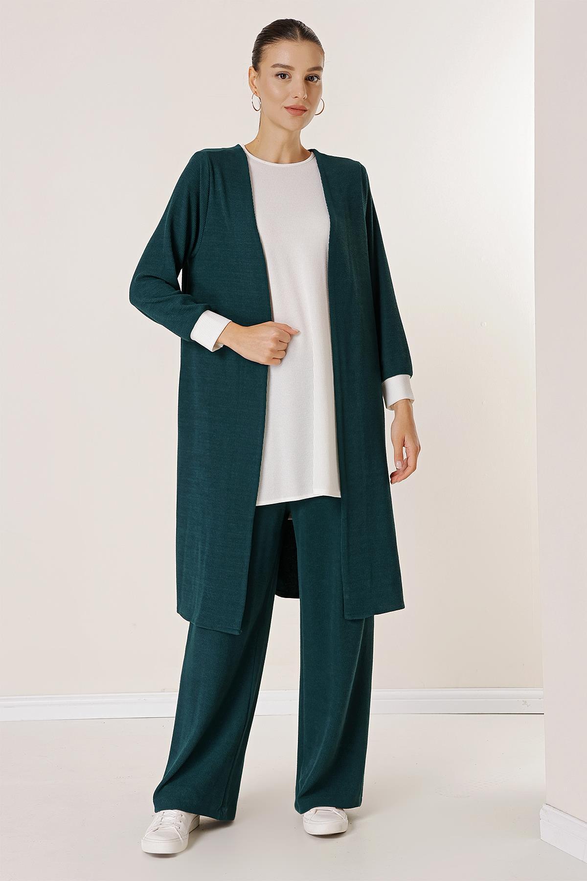 Levně By Saygı Sleeveless Tunic Elastic Waist Trousers Long Cardigan Knitted 3-Piece Suit