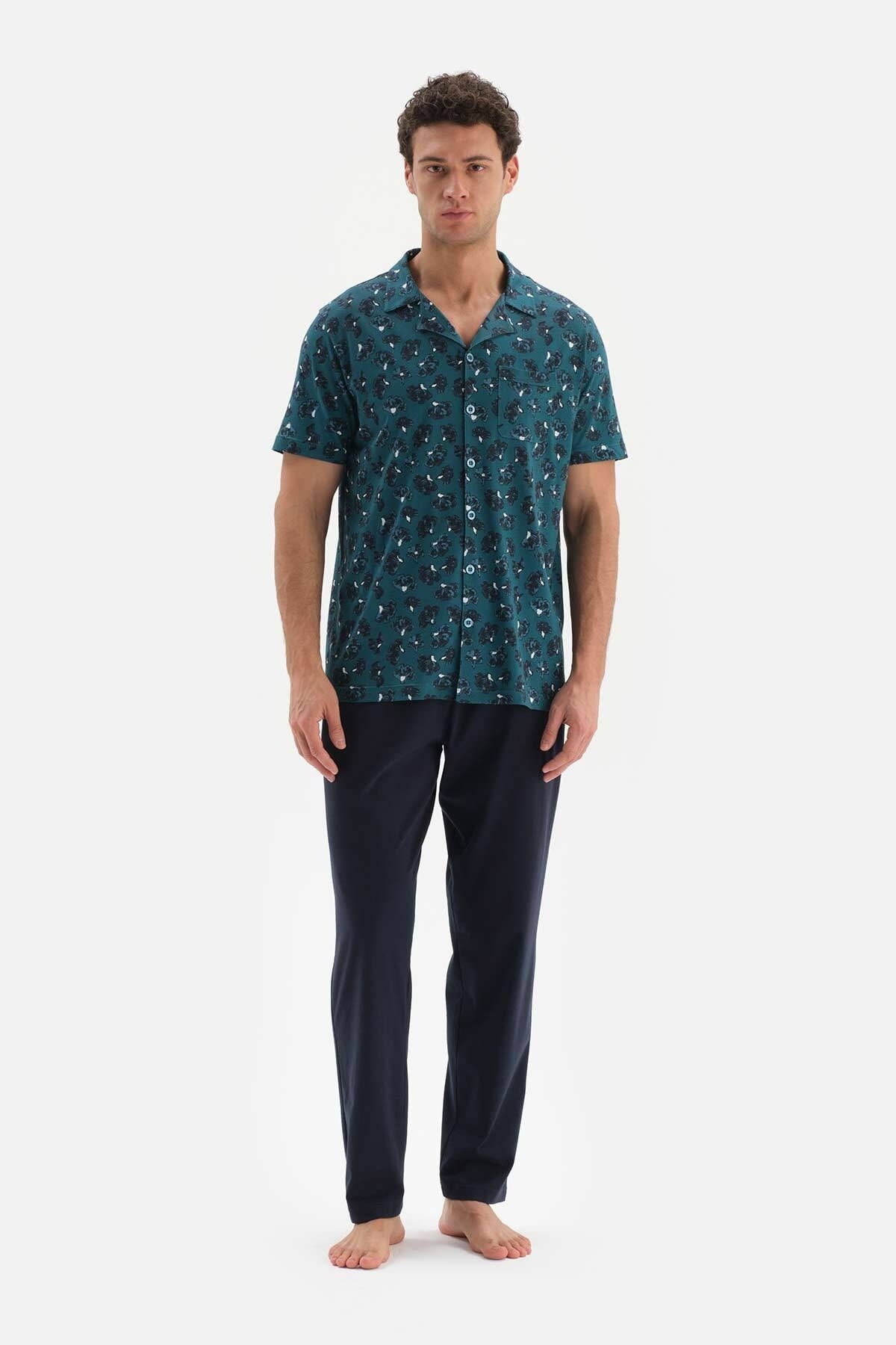 Dagi Oil Green Shirt Collar Patterned Top Knitted Pajama Set