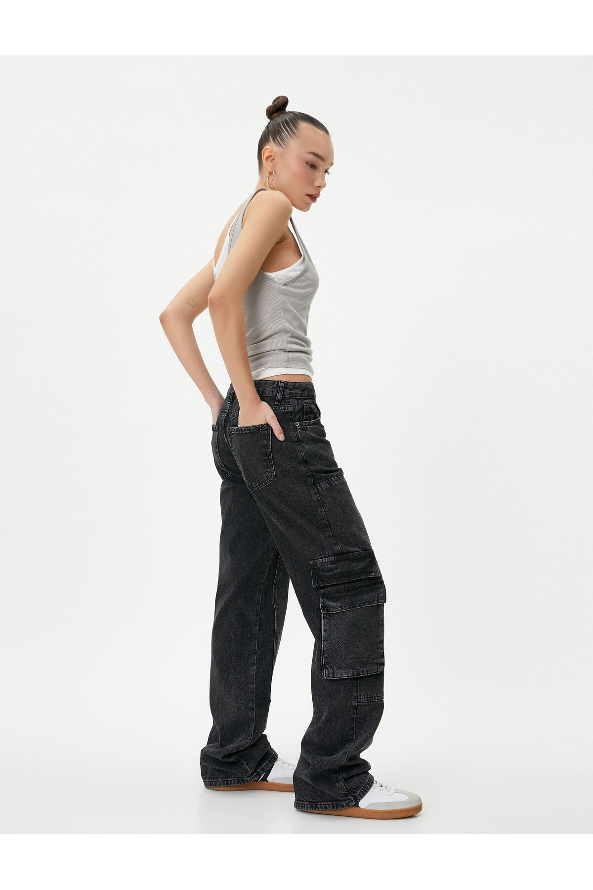 Levně Koton Straight Jean Cargo Jeans Wide Straight Leg Pocket Cotton - Nora Jean