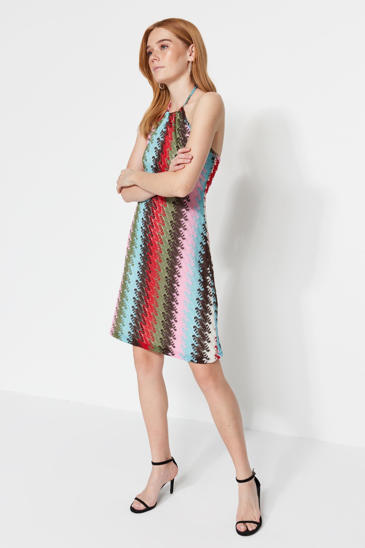 Trendyol Limited Edition Multi-colored Halterneck Knitted Mini Dress with Textured Fabric Lining