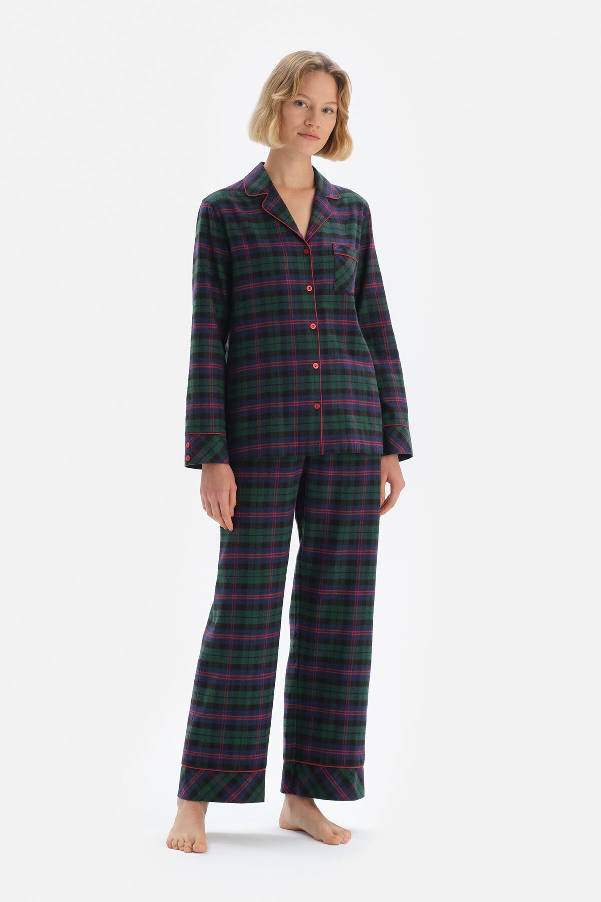 Dagi Checkered Woven Pajamas Set with Jacket Collar, Green