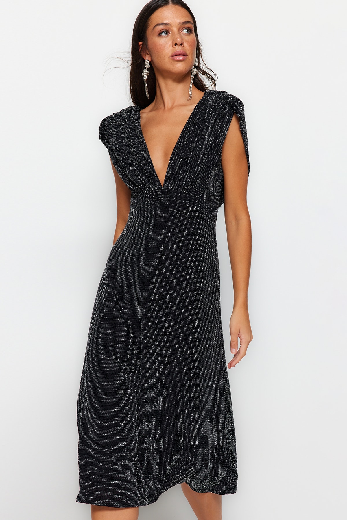 Trendyol Antracit talie deschisă / patinator căptușit rochie de seară strălucitoare elegantă