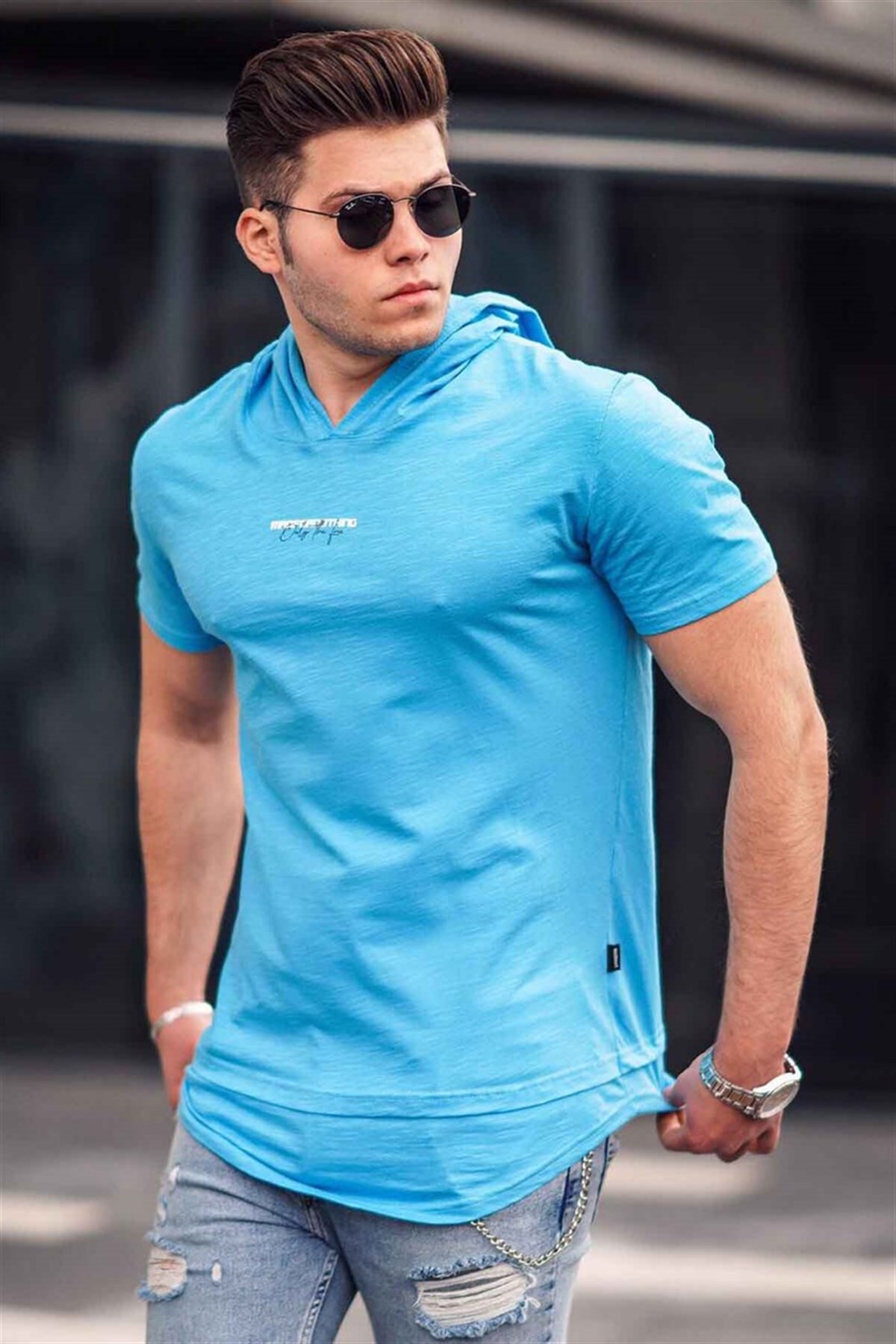 Madmext Men's Blue Basic Hooded T-Shirt 4460