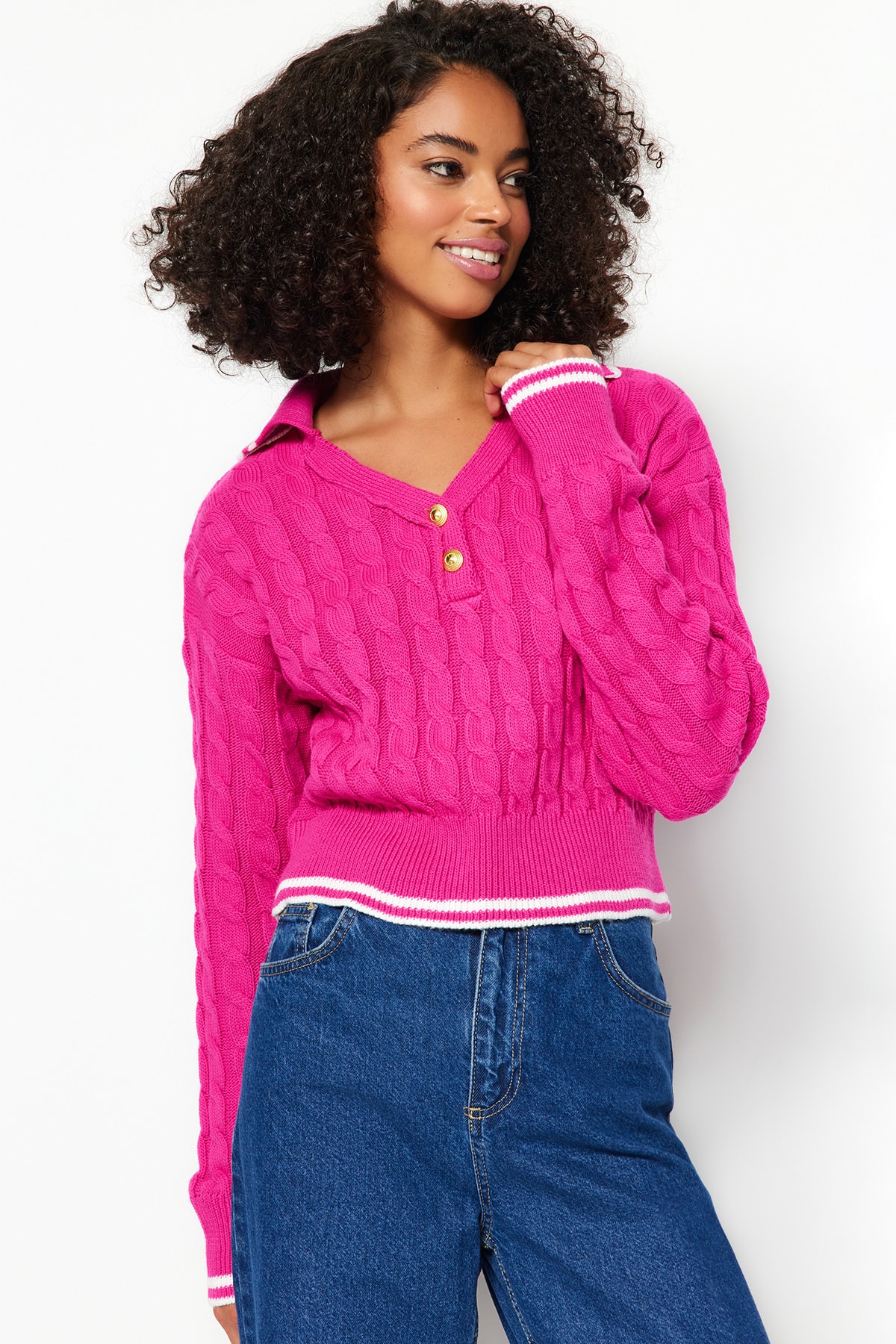 Trendyol Fuchsia Crop Polo Neck Knitwear Sweater