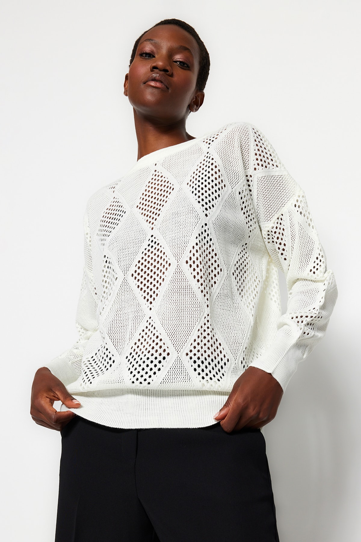 Trendyol Ecru Openwork/Perforated Crew Neck Knitwear Sweater
