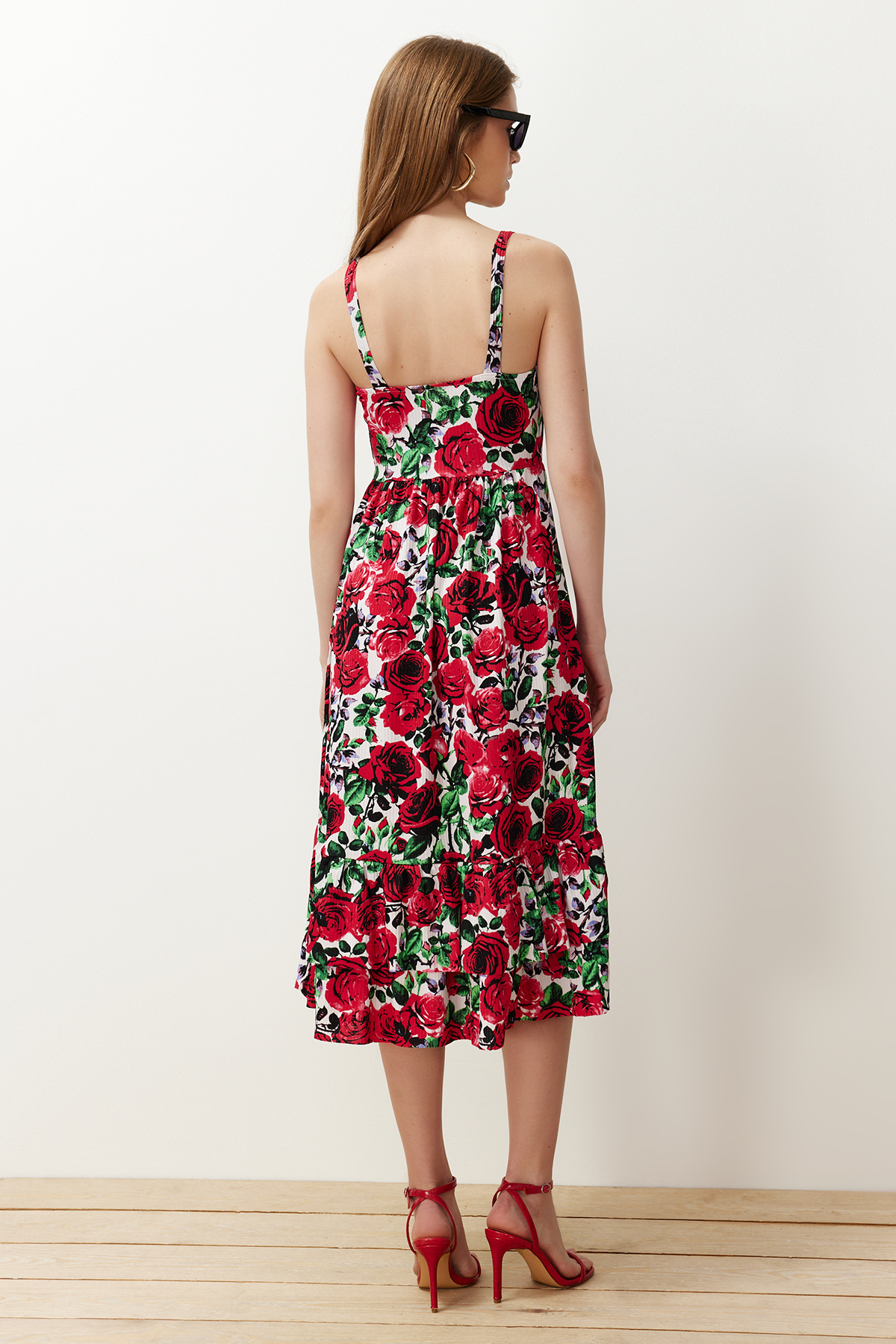 Trendyol Red Floral Strap Skater/Ribbed Flexible Knitted Midi Dress