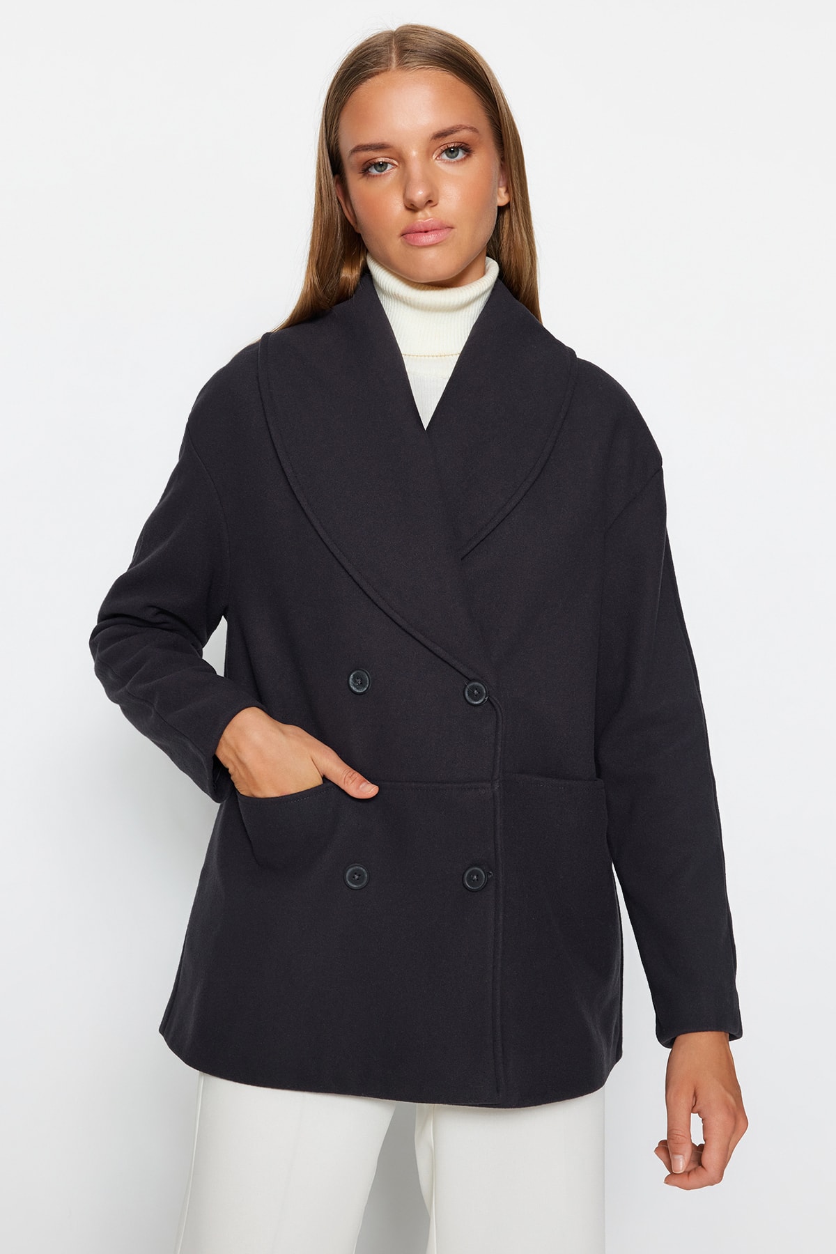 Levně Trendyol Anthracite Oversize široký šálový límec s razítkovaným kabátem