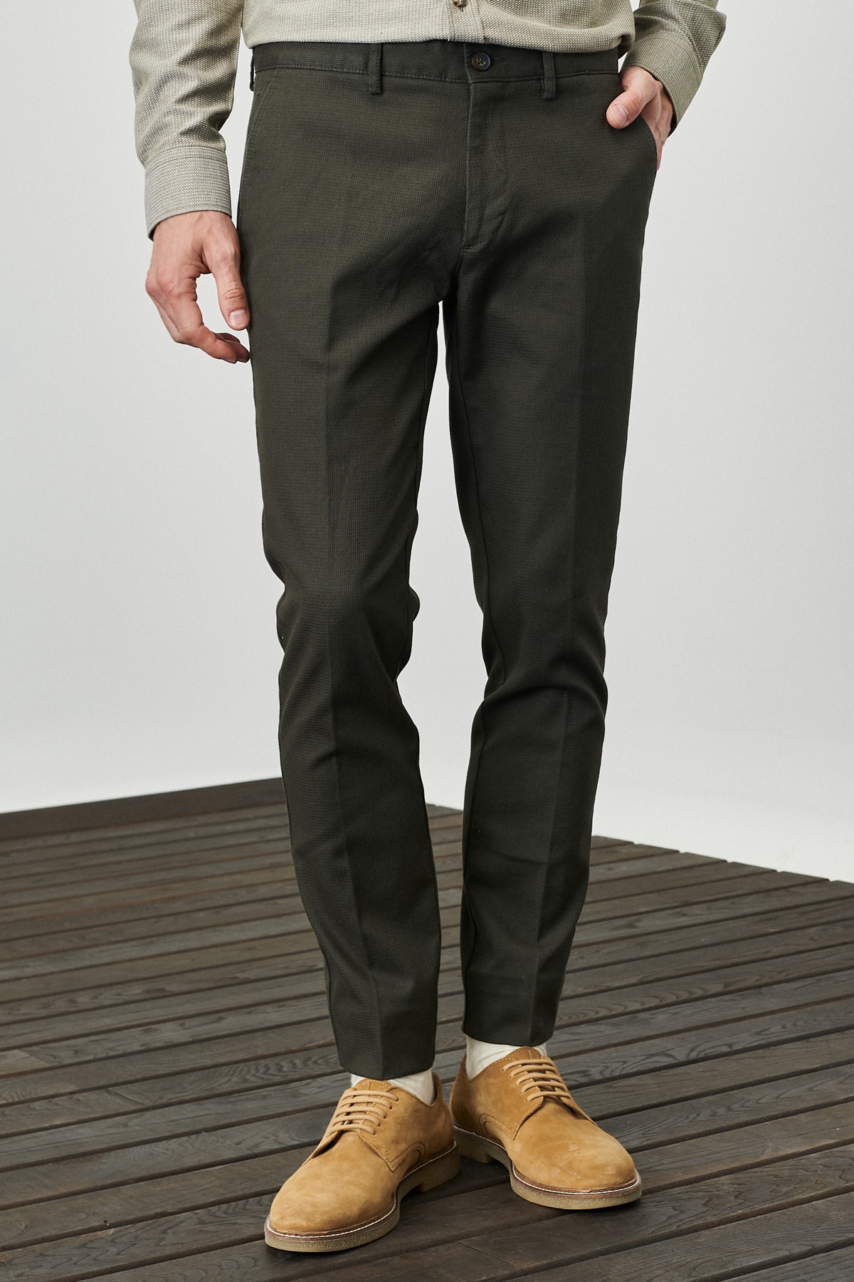 ALTINYILDIZ CLASSICS Men's Green Slim Fit Slim Fit Dobby Flexible Casual Trousers