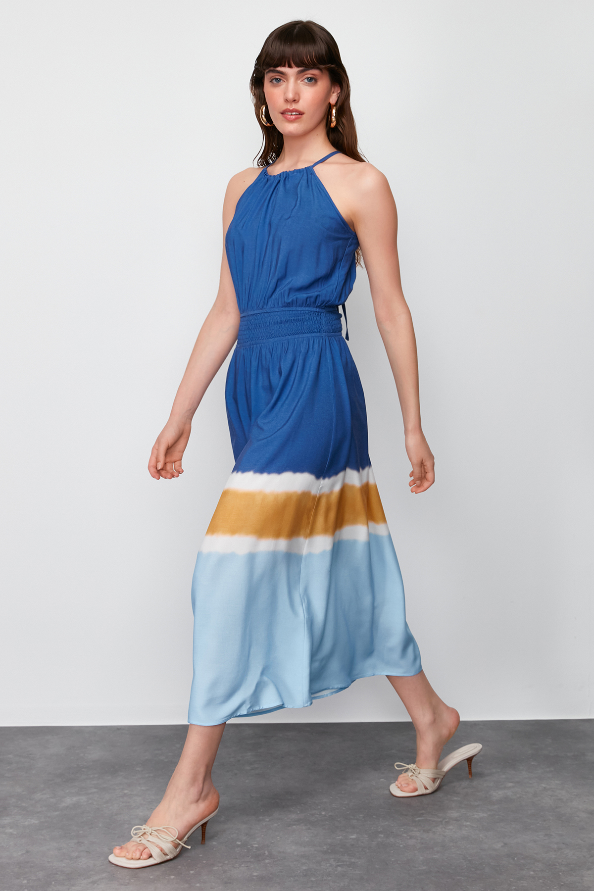 Trendyol Ecru-Blue A-Line Viscose Woven Maxi Dress with Gipe Detail at the Waist