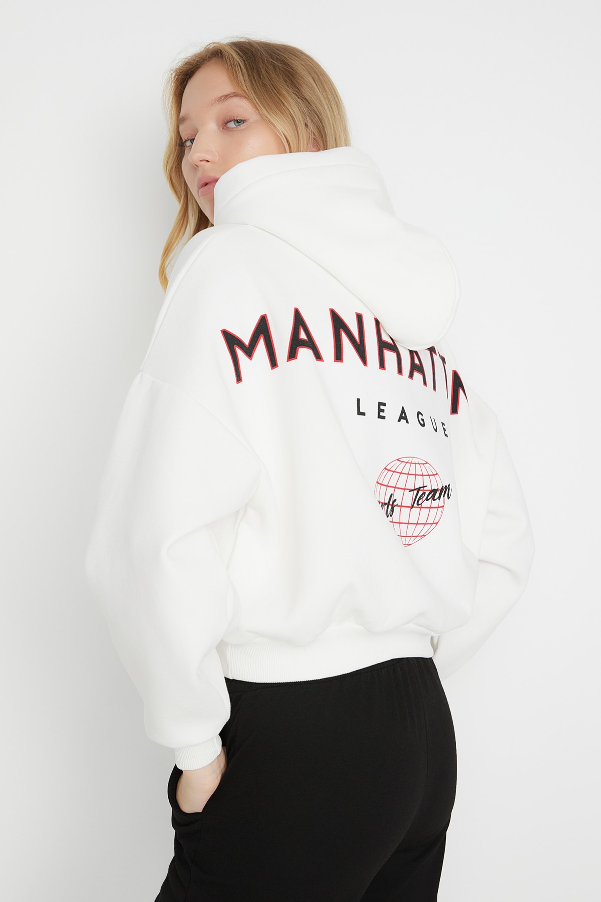 Trendyol Ecru, Print Detailed Hoodie, Fleece Inner Knitted Sweatshirt