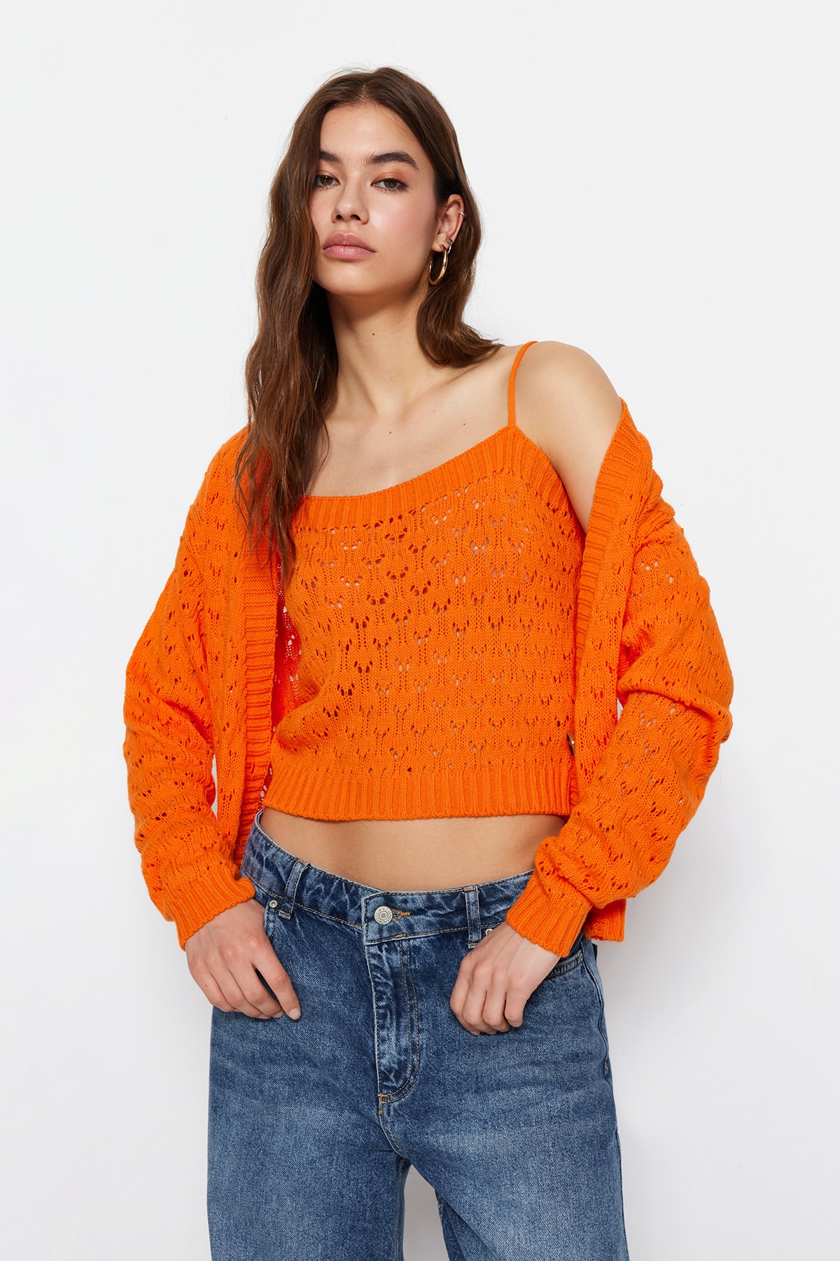 Trendyol Orange Blouse with Openwork/Perforations and Button Detail, Cardigan Knitwear Suit
