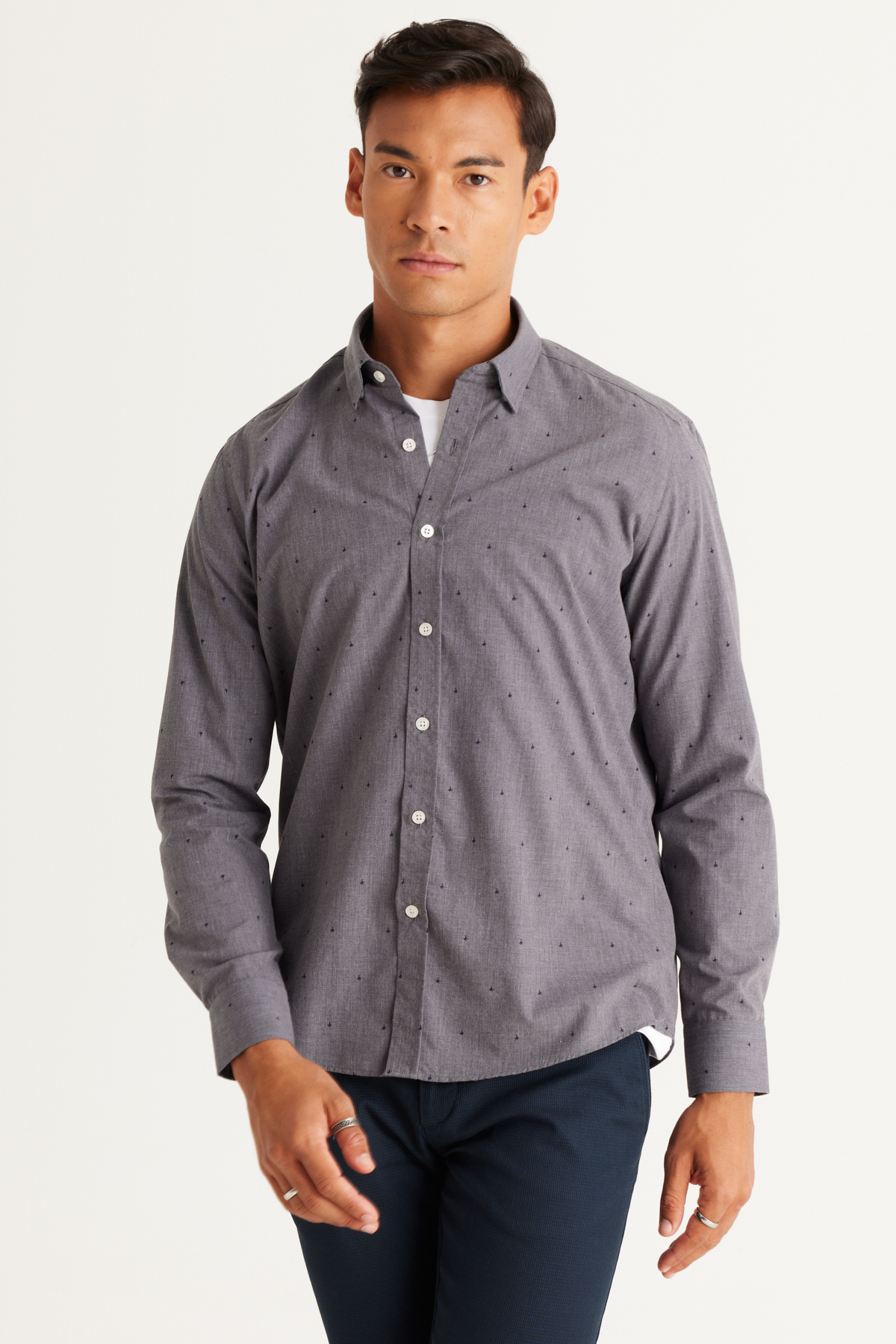 AC&Co / Altınyıldız Classics Men's Navy Blue Slim Fit Slim Fit Shirt with Hidden Buttons Collar Patterned