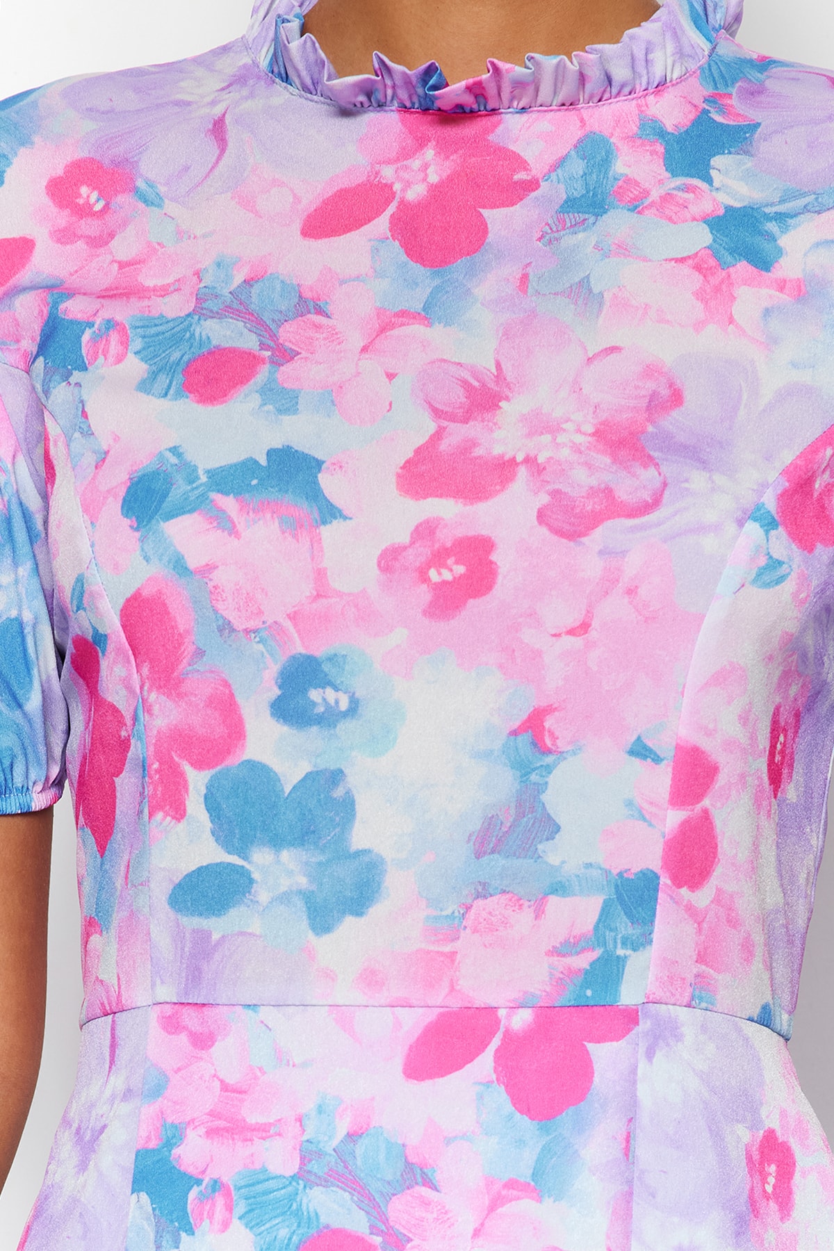 Trendyol Blue High Neck Floral Model Lined Mini Țesut Rochie