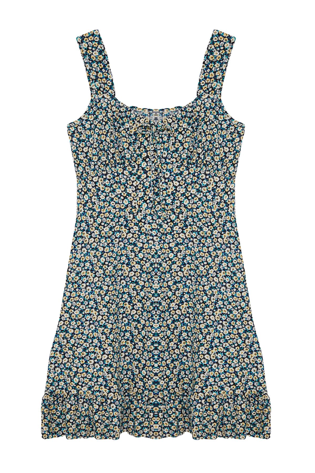 Trendyol Curve Multicolored Floral Patterned Ruffle A-Line Mini Summer Knitted Dress with Bow Collar