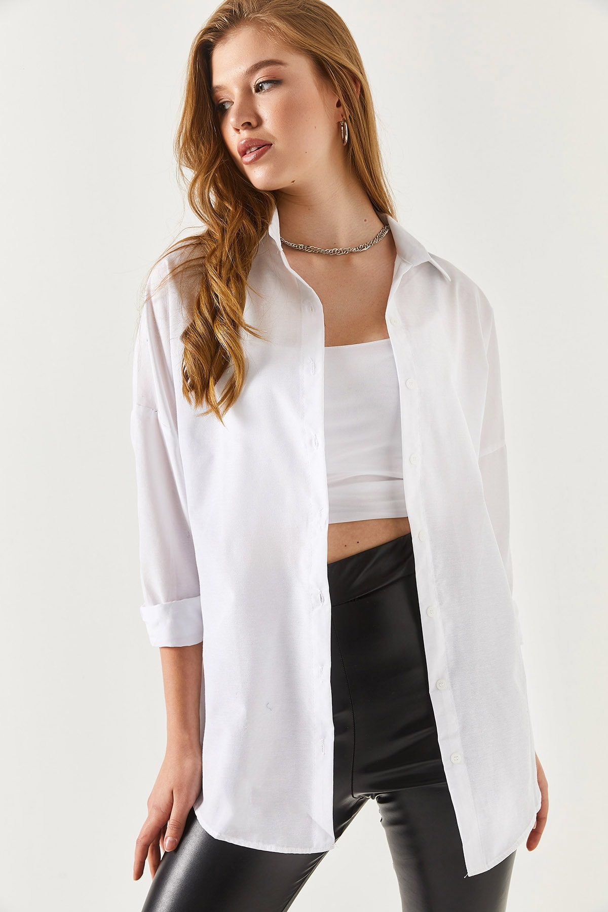 Levně armonika Oversize Long Basic Shirt - White