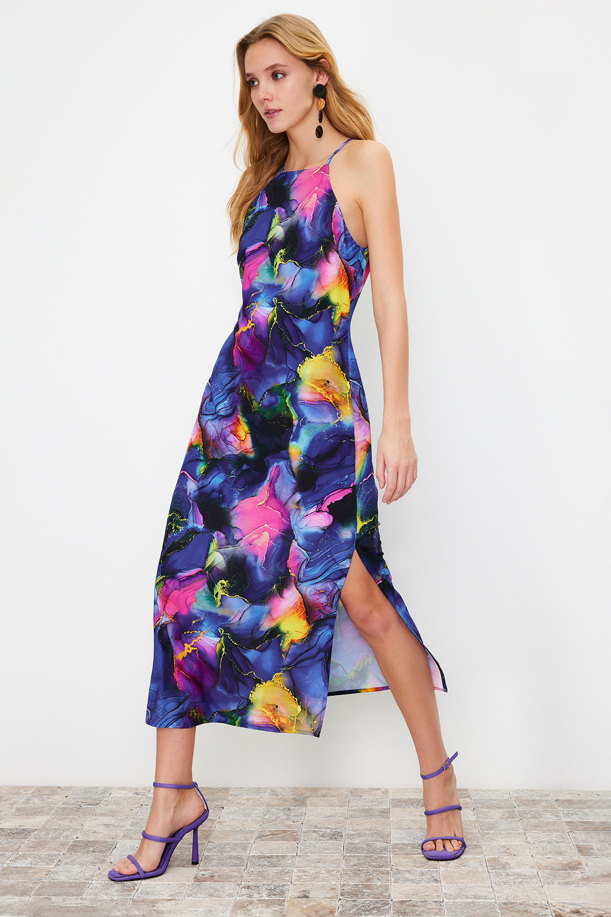 Trendyol Multicolor Floral Print Straight Cut Halter Neck Midi Satin Lined Woven Dress