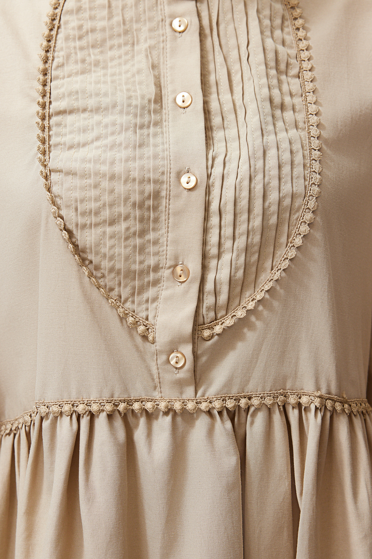 Trendyol Mink High Neck Balloon Sleeve Button and Piping Detailed Woven Dress