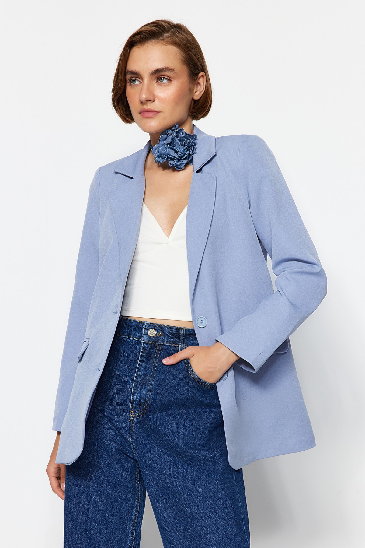 Levně Trendyol Light Blue Regular Lined Buttoned Woven Blazer Jacket
