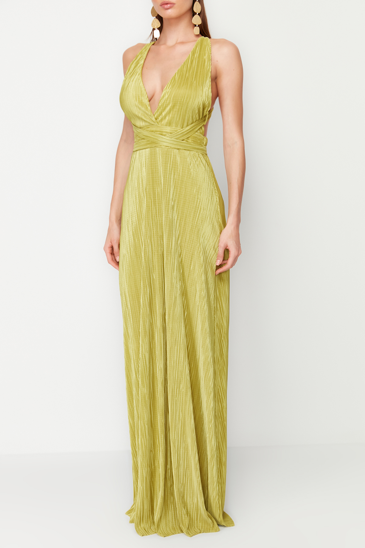 Trendyol Oil Green A-Cut Belted Lined Knitted Long Elegant Evening Dress