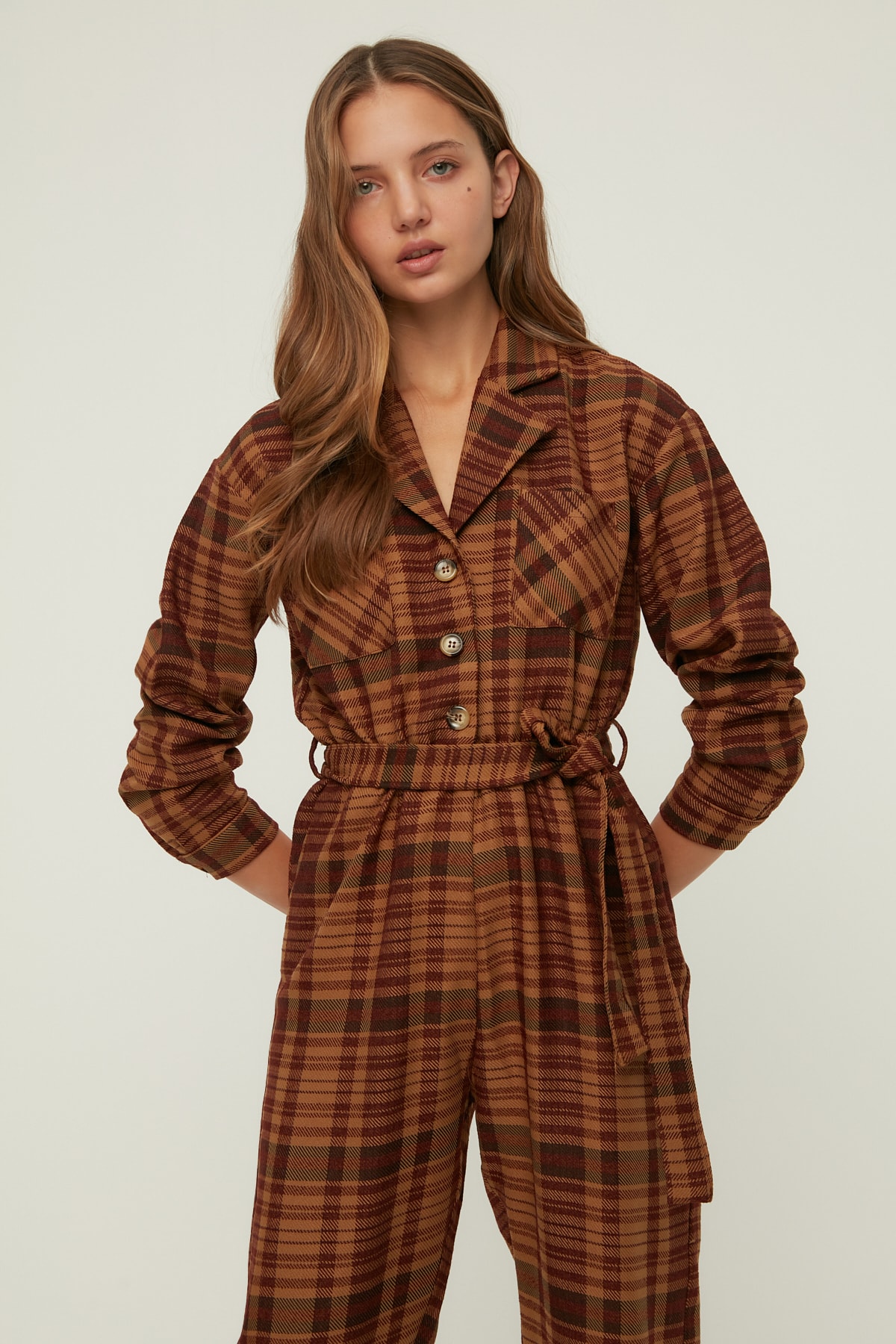 Brown plaid jumpsuit