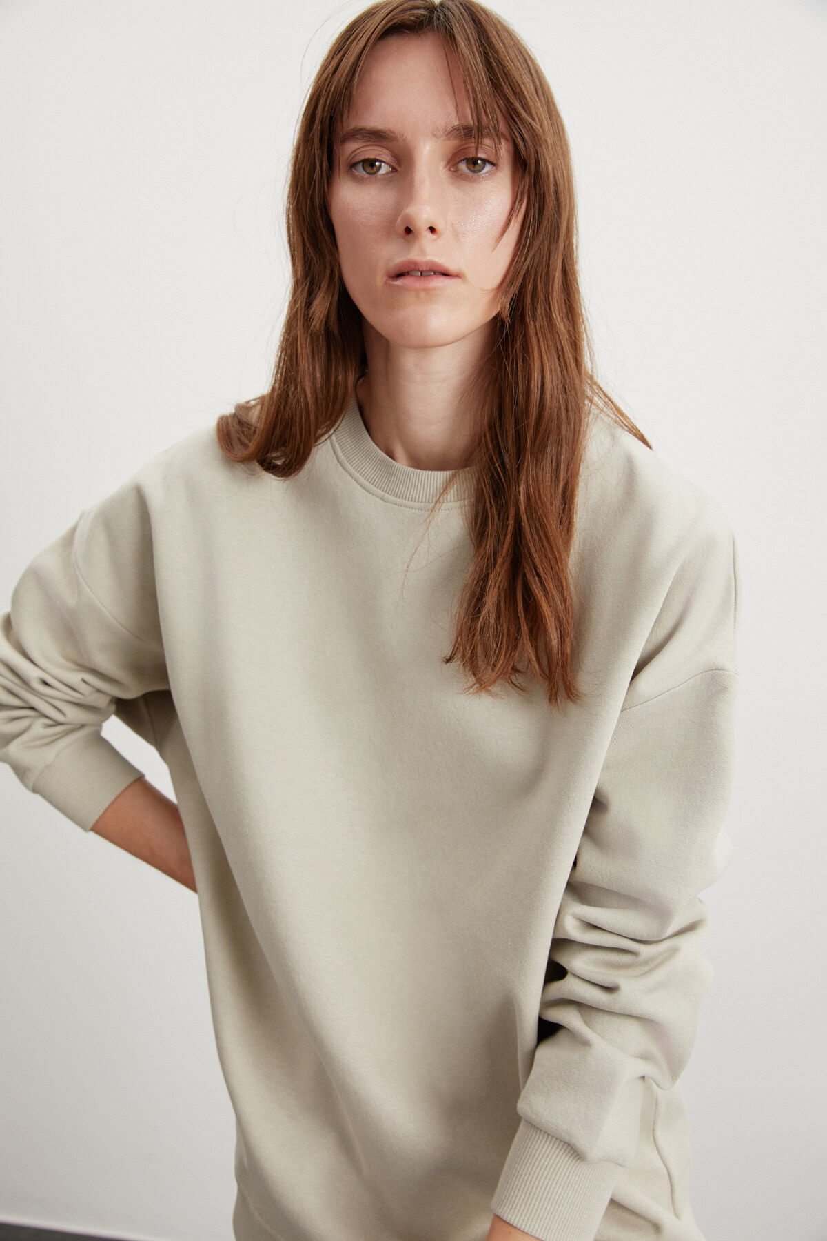 Levně GRIMELANGE Allys Women's Crew Neck Oversize Basic Stone Color Sweatshirt