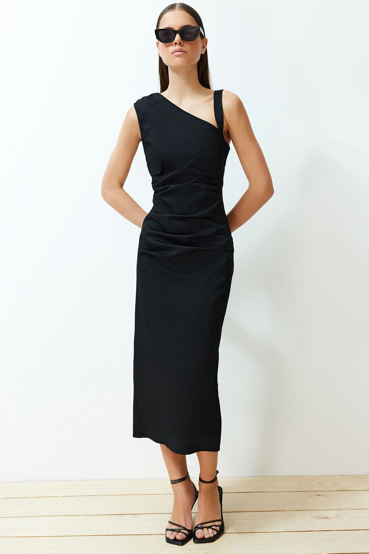 Trendyol Black Limited Edition Fitted Asymmetric Collar Detailed Woven Midi Dress