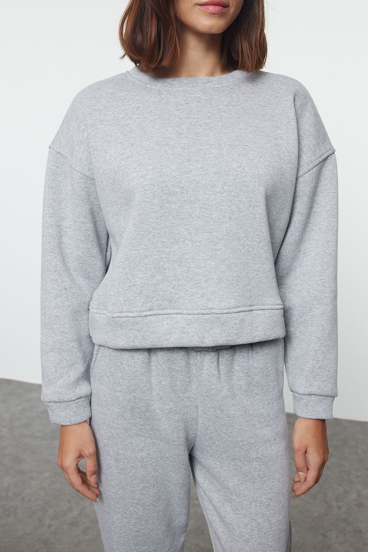 Trendyol Gray Melange Regular/Normal Pattern Basic Thick Inside Fleece Knitted Tracksuit