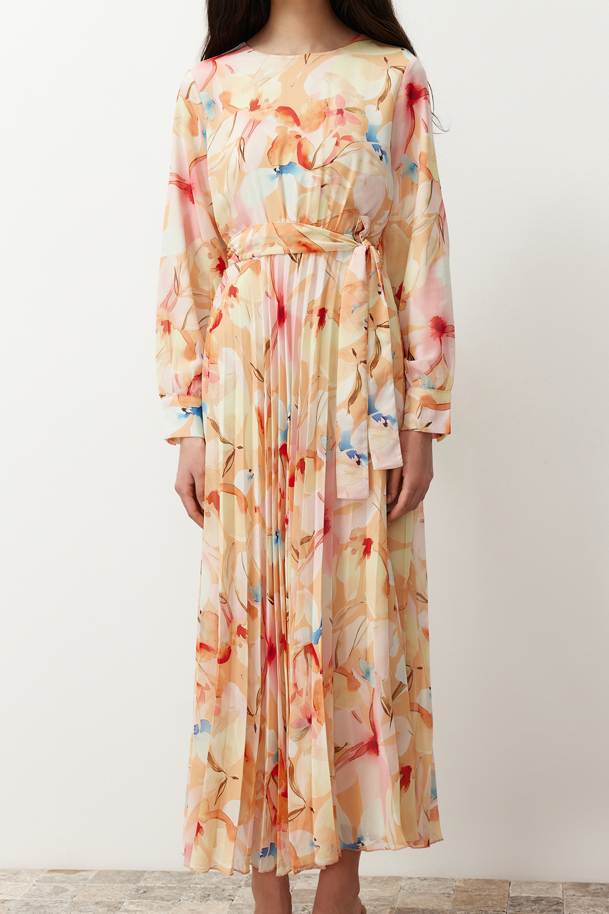 Trendyol Multi Color Floral Sash Detailed Lined Pleated Chiffon Woven Dress