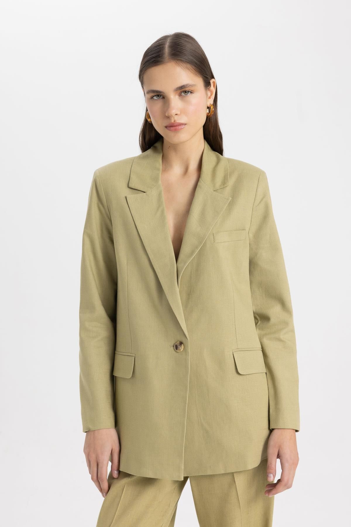 DEFACTO Oversize Fit Jacket Lapel Linen Blend Blazer Jacket