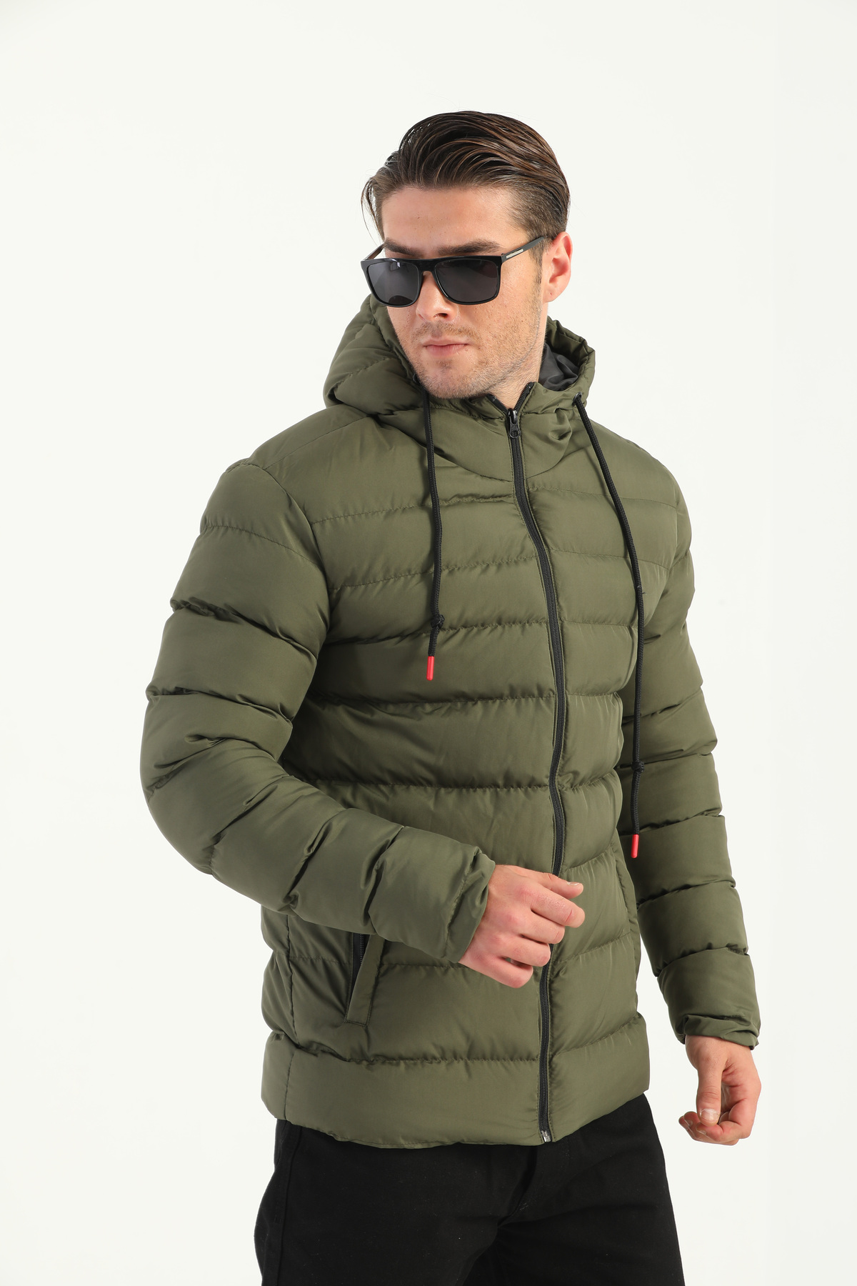 Levně River Club Pánský Khaki nafukovací zimní kabát s kapucí Vnitřní podšívka nepromokavá a větruodolná.