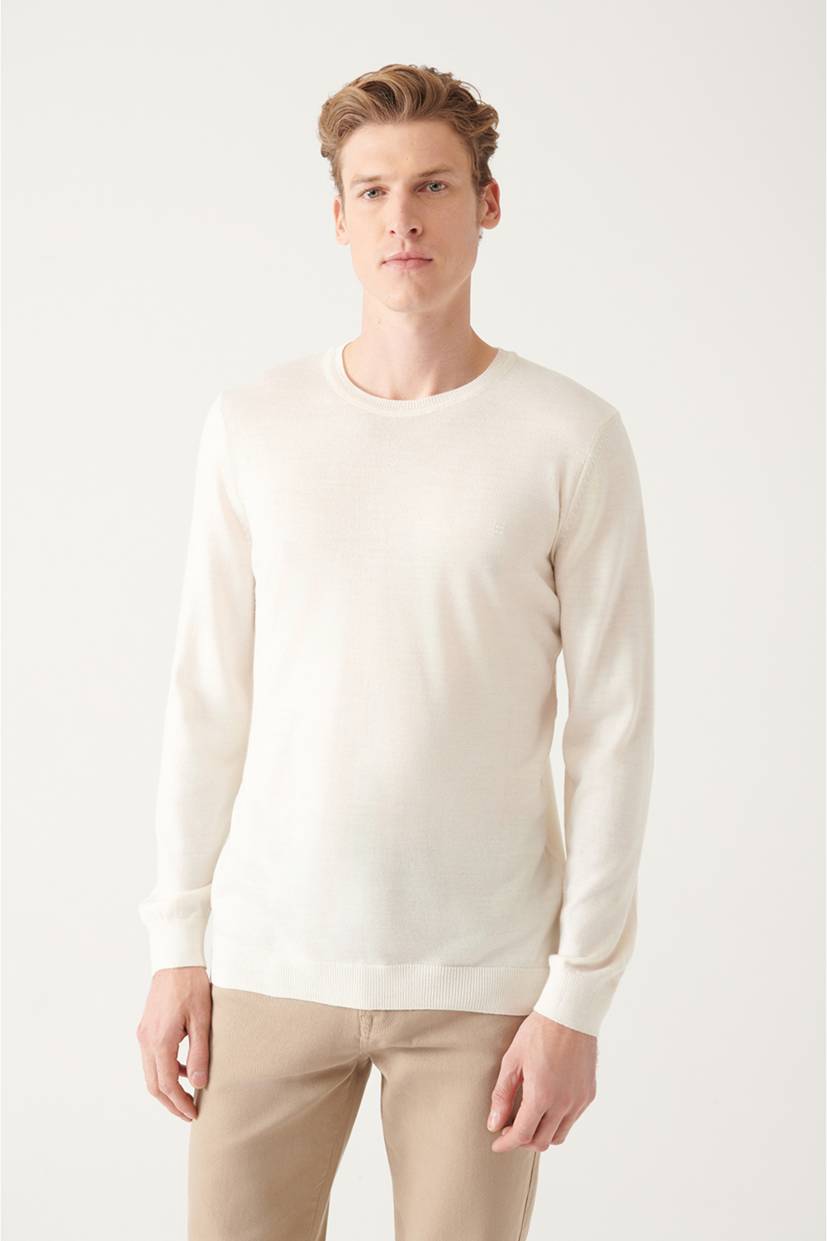 Levně Avva Men's White Crew Neck Wool Blended Regular Fit Knitwear Sweater