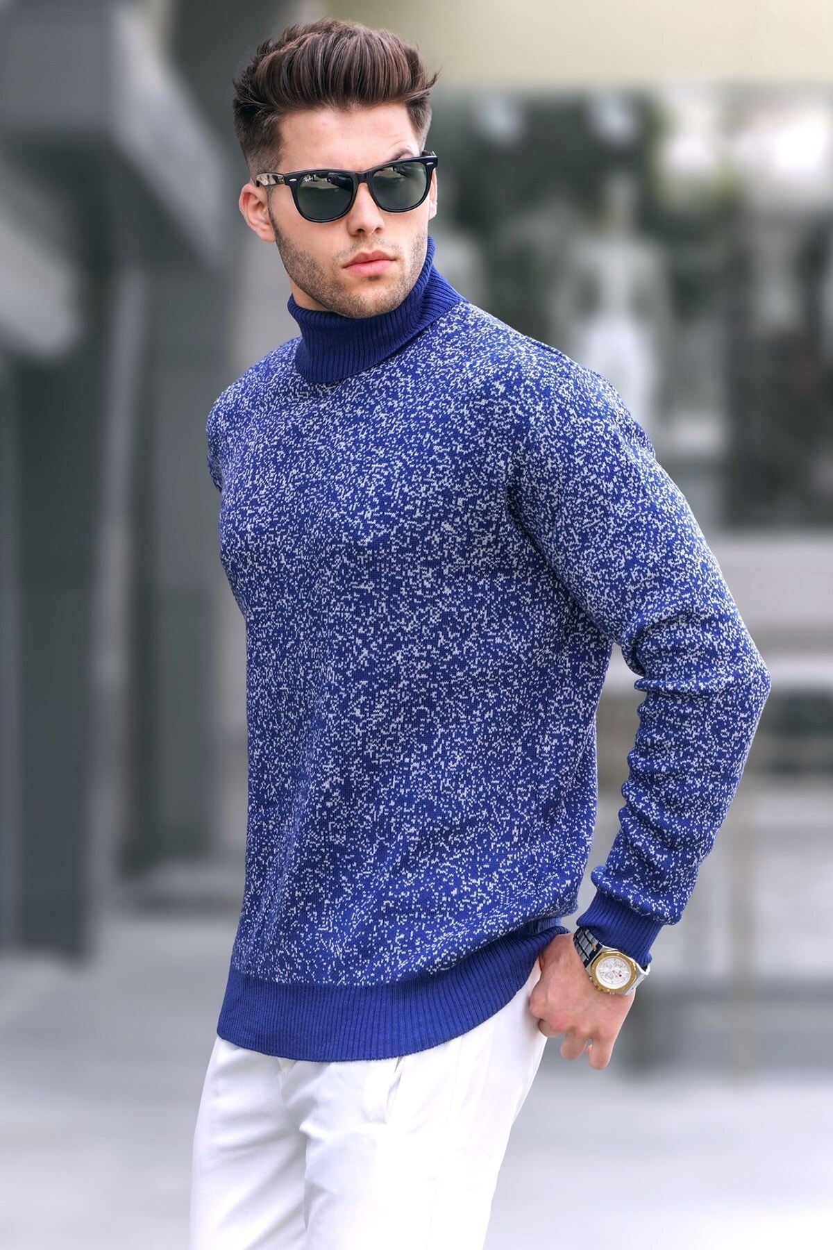 Levně Madmext Light Navy Blue Patterned Turtleneck Knitwear Sweater 5765