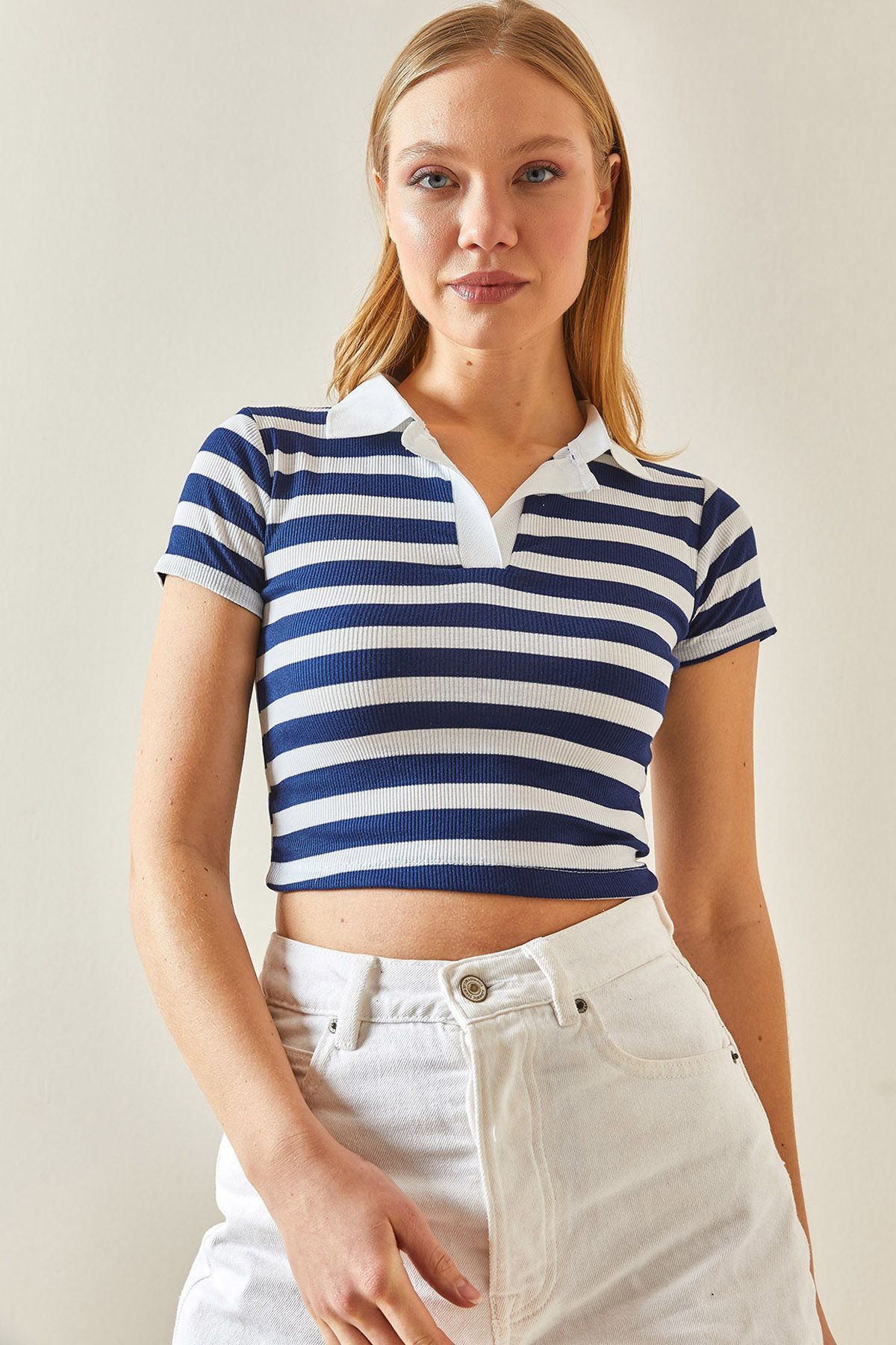 XHAN Navy Blue Polo Neck Striped Camisole Crop Blouse