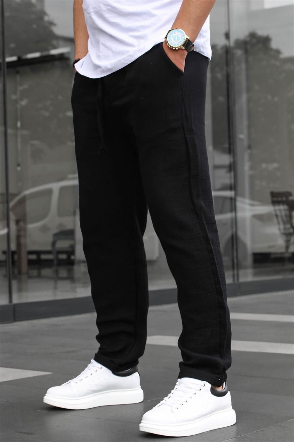 Levně Madmext Black Muslin Men's Basic Trousers 6507