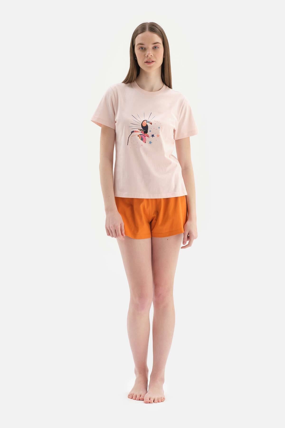Levně Dagi Light Pink Short Sleeve Print Detailed Pajamas Set with Shorts