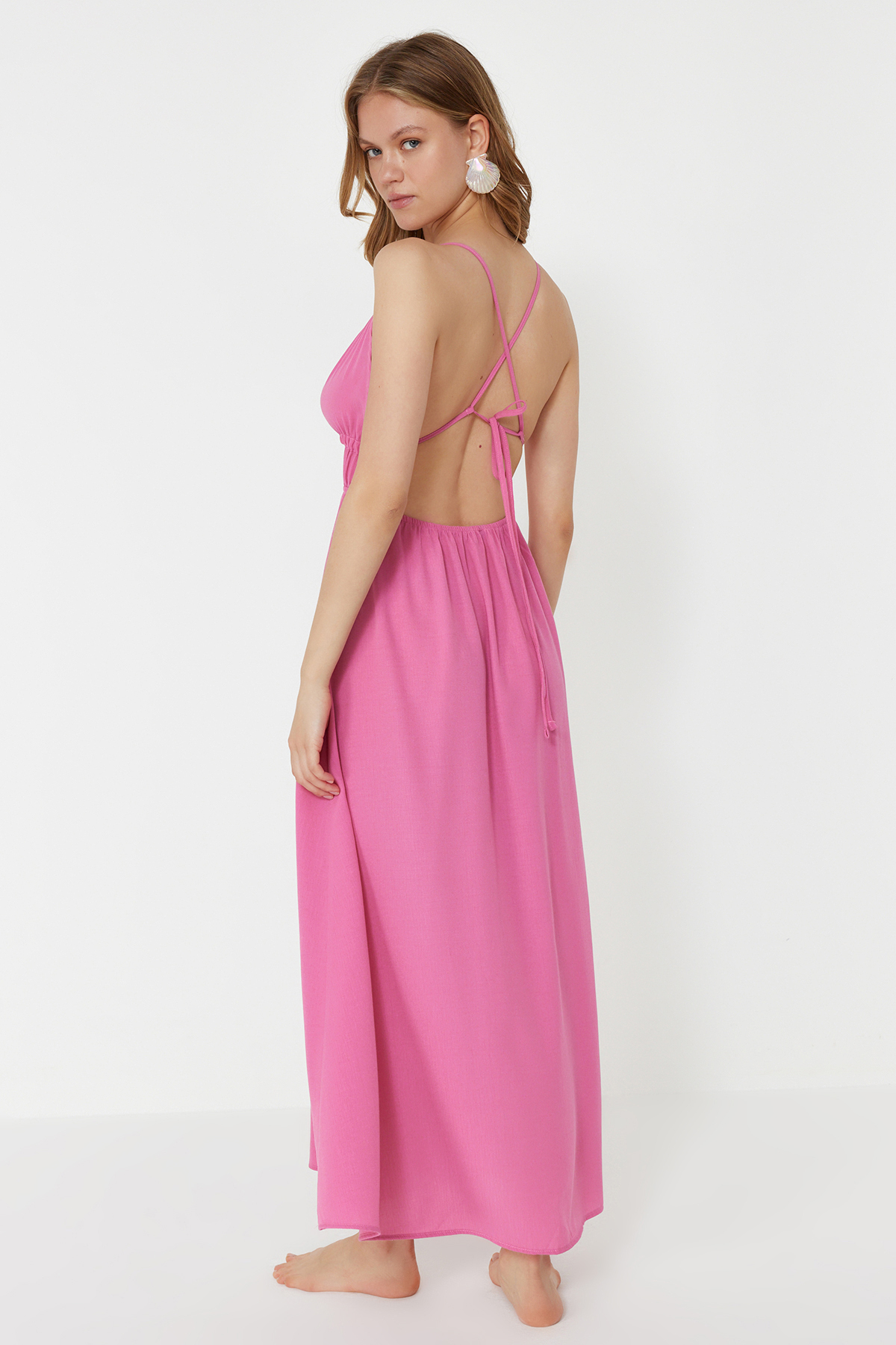 Trendyol Pink Maxi Woven Gathered Beach Dress