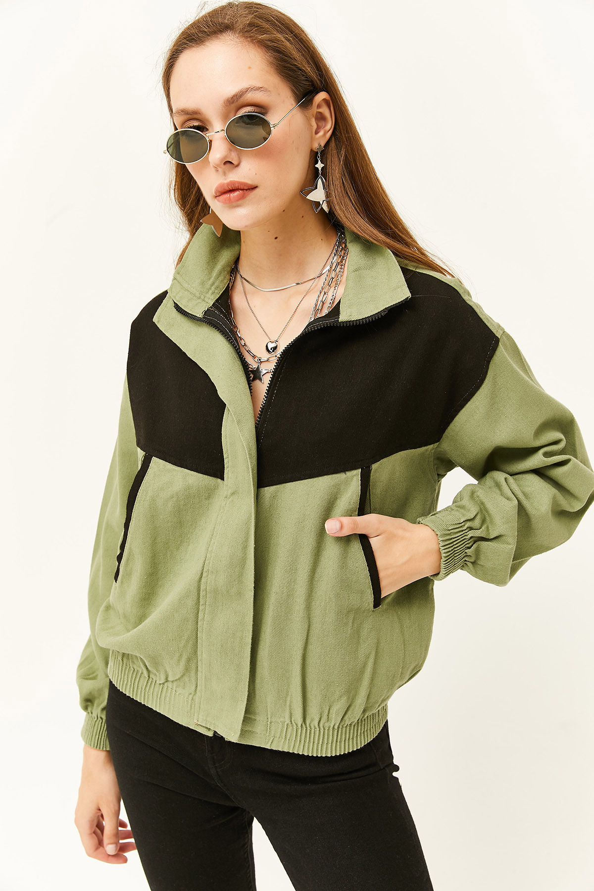 Levně Olalook Dámská khaki barva blok kapsa měkká texturovaná bavlněná bunda