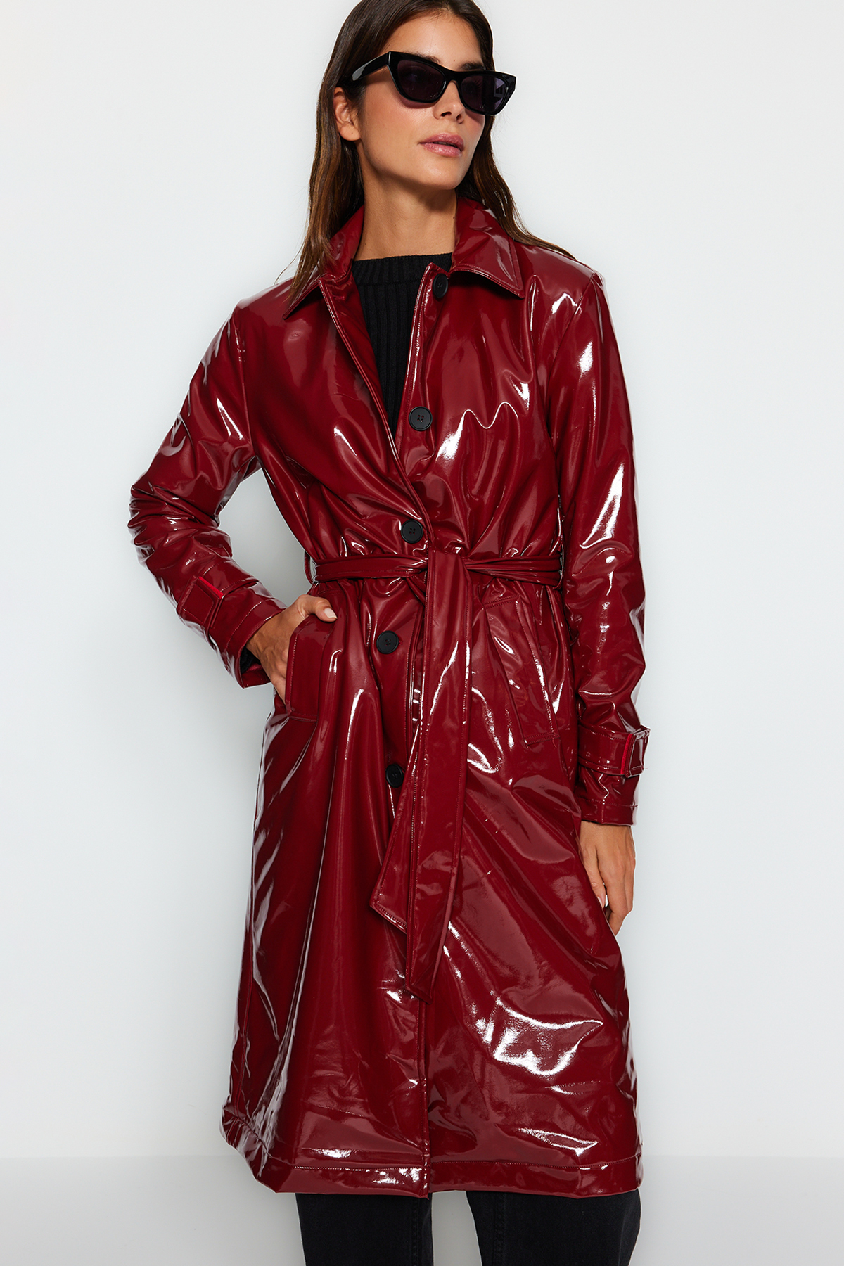 Trenci Trendyol Burgundy Shiny Belted