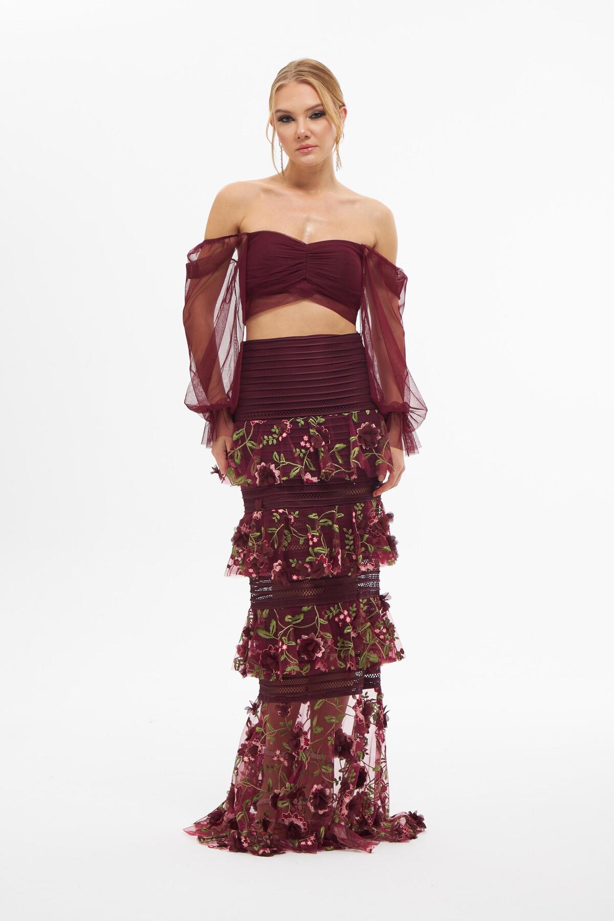 Carmen Burgundy Skirt Tiered Bustier Suit