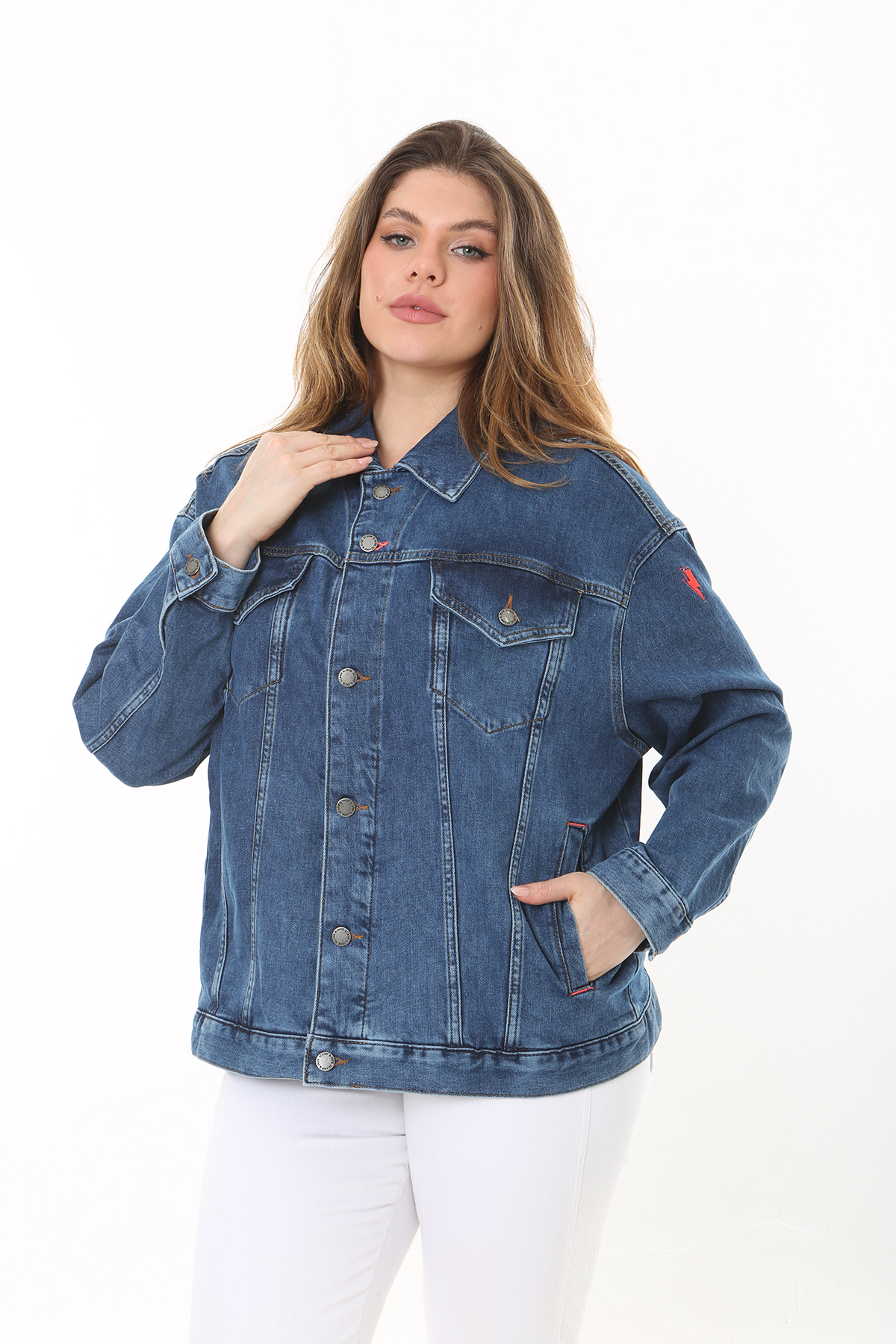 Şans Women's Plus Size Navy Blue Back Detail Denim Coat