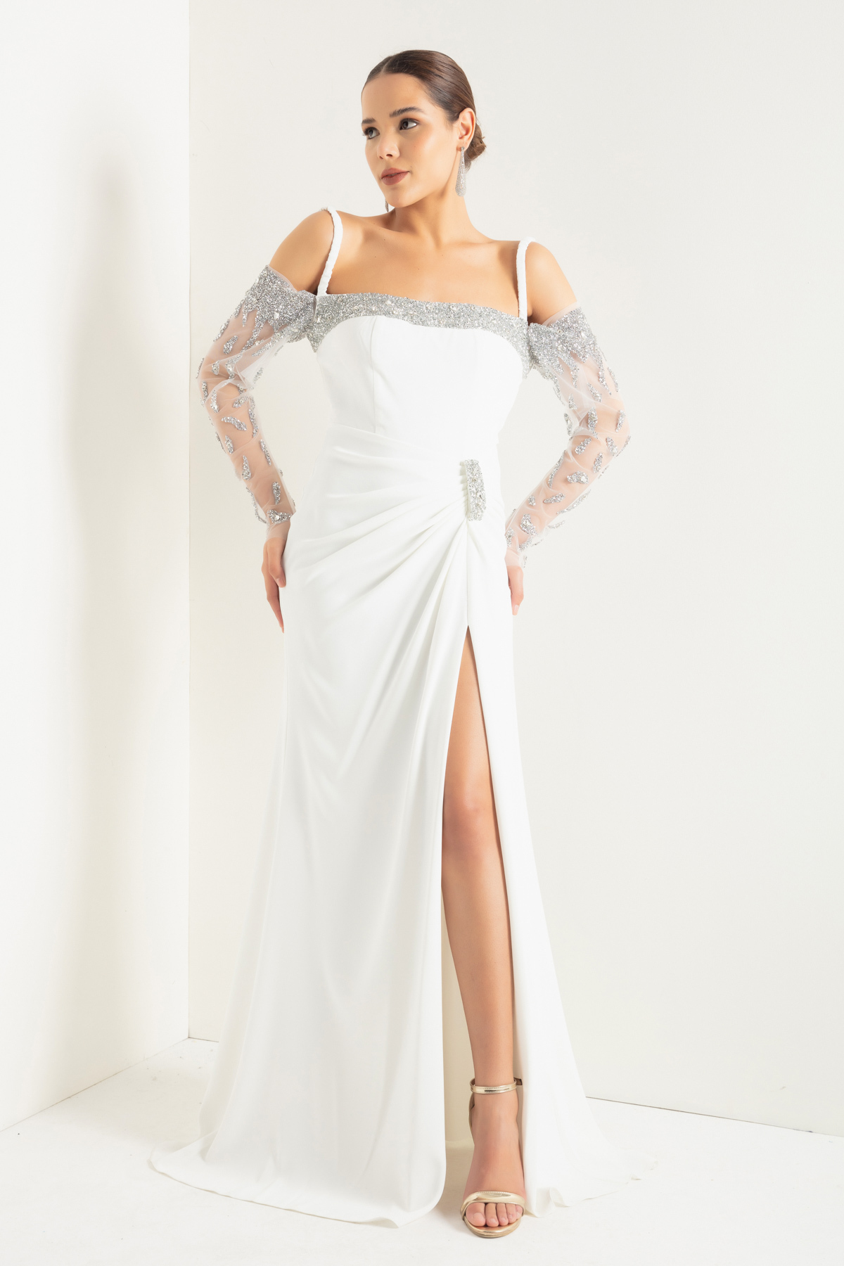 Lafaba Women's White Thin Strappy Stone Long Evening Dress