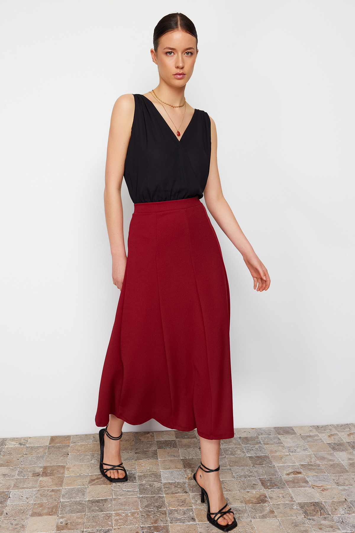 Trendyol Claret Red Flared Maxi Stretchy Knitted Skirt