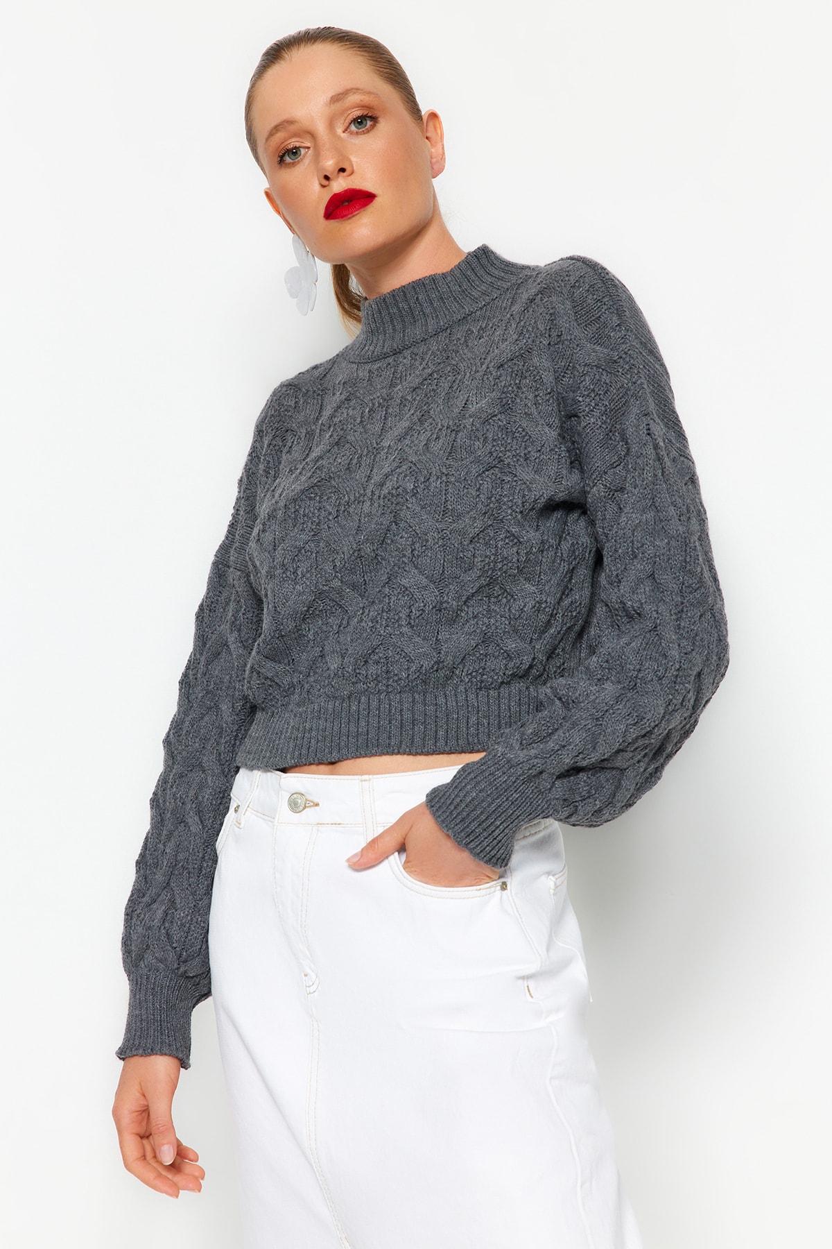 Trendyol Anthracite Crop High Neck Knitwear Sweater