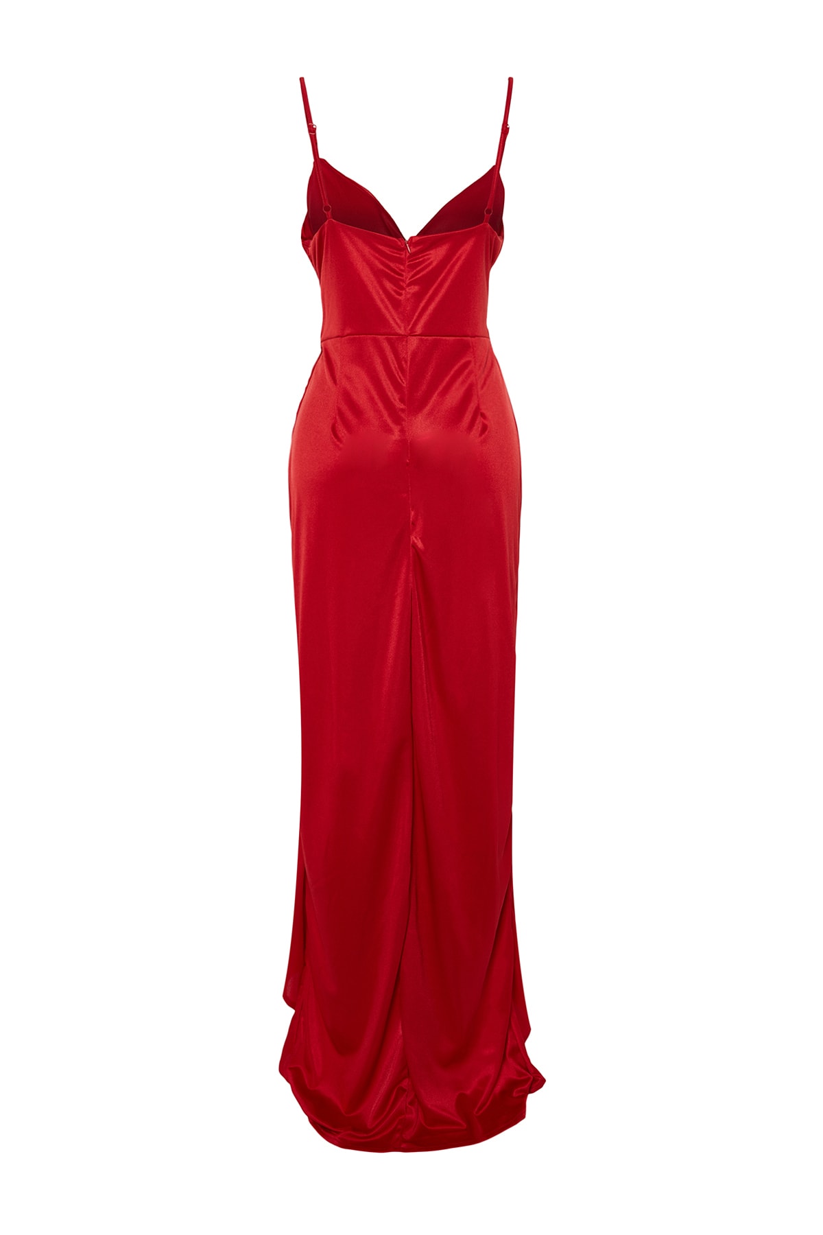 Trendyol Red Tricotat Satin Flounce Rochie lunga de seara